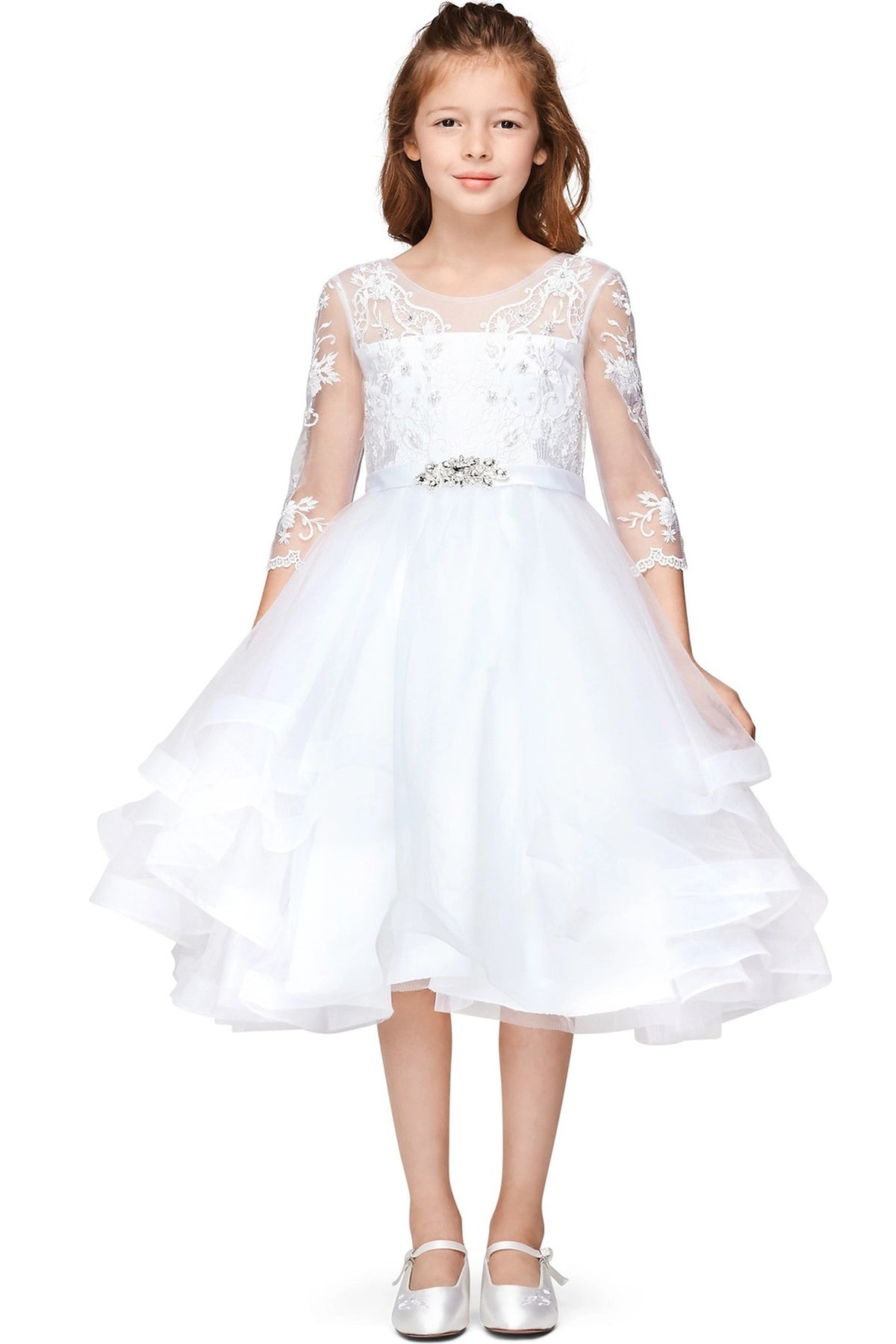 Accented a jeweled waist accent adds character to this White kids party dress.