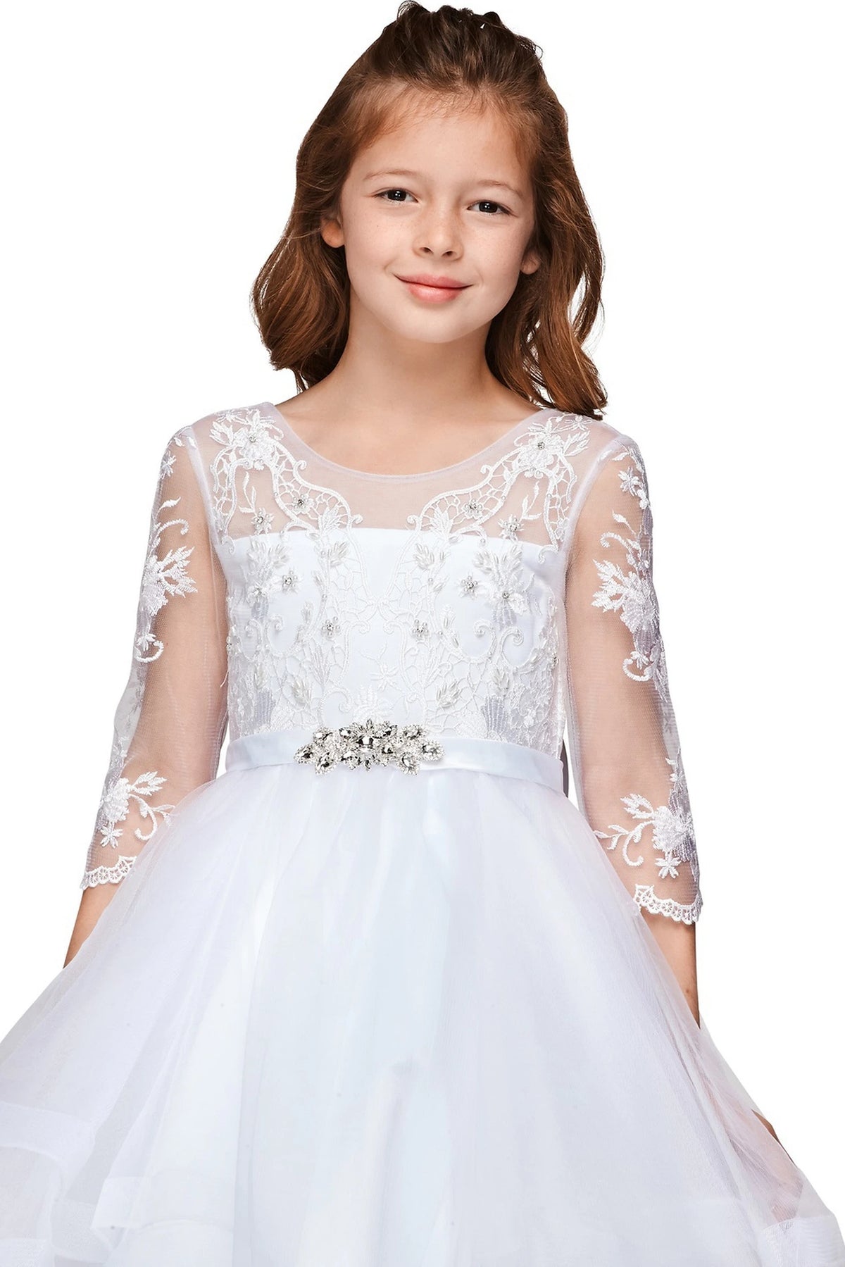 Detailed by sheer floral lace sleeves, the White kids party dress reveals its construction.