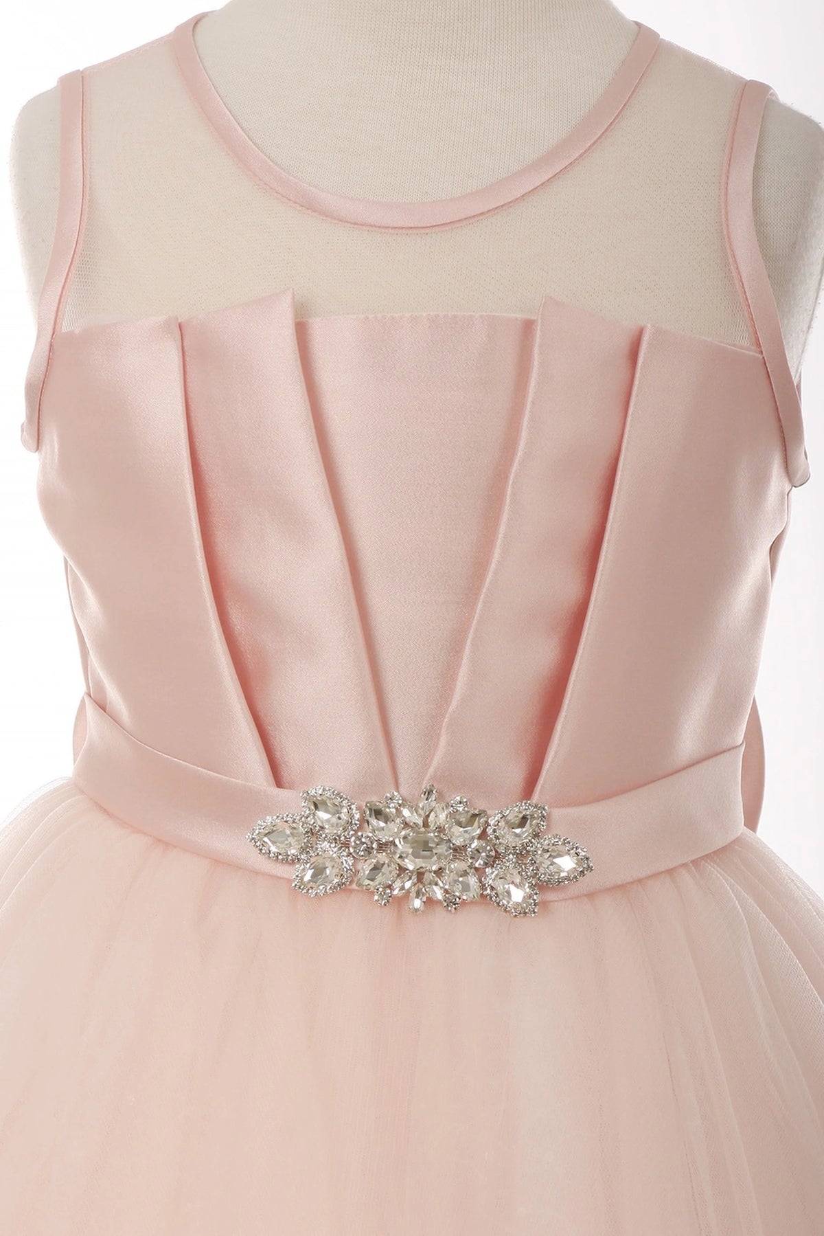 Accented satin bodice pleats adds character to this Pink kids party dress.