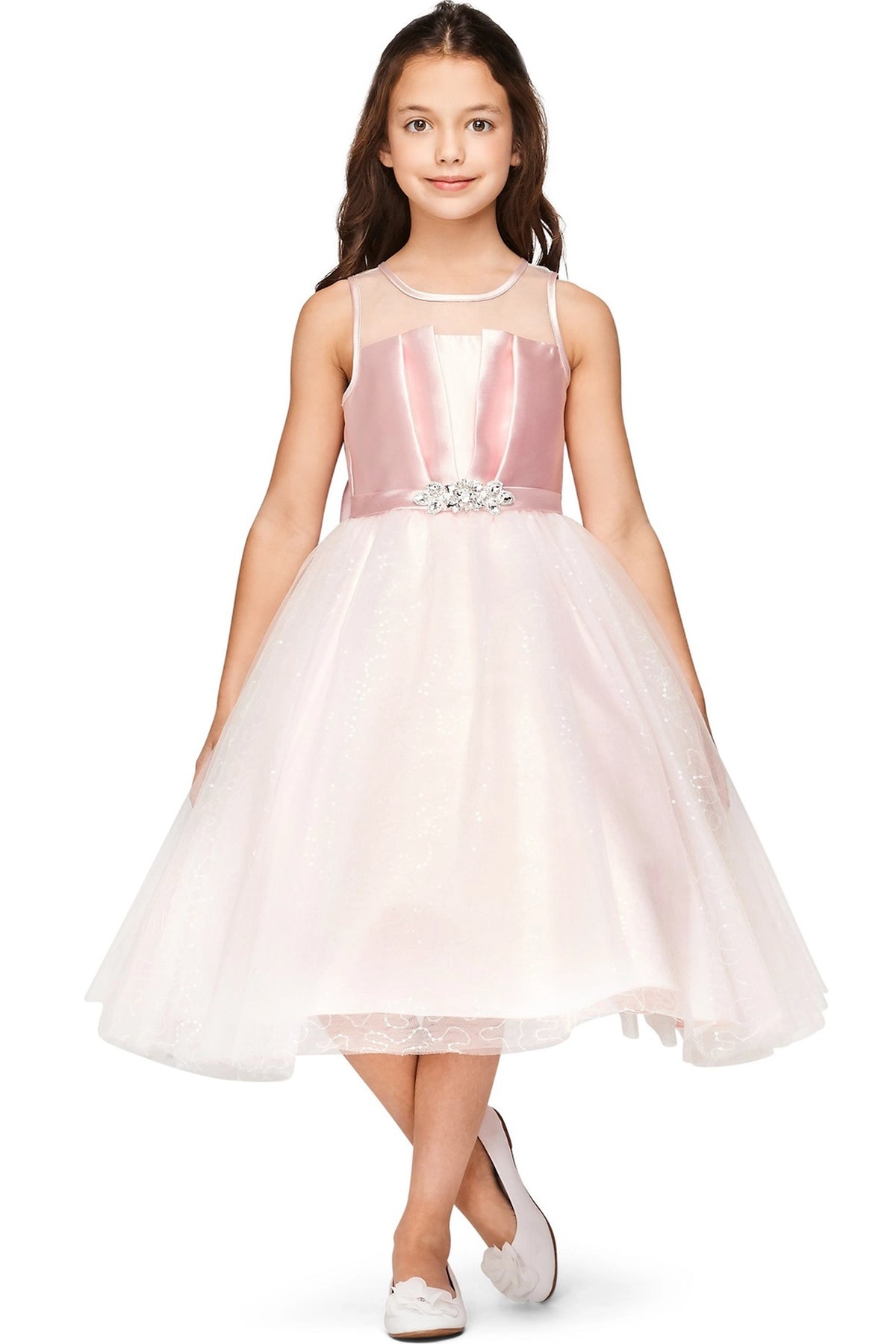 Designed details of satin bodice pleats distinguish the Pink kids party dress.
