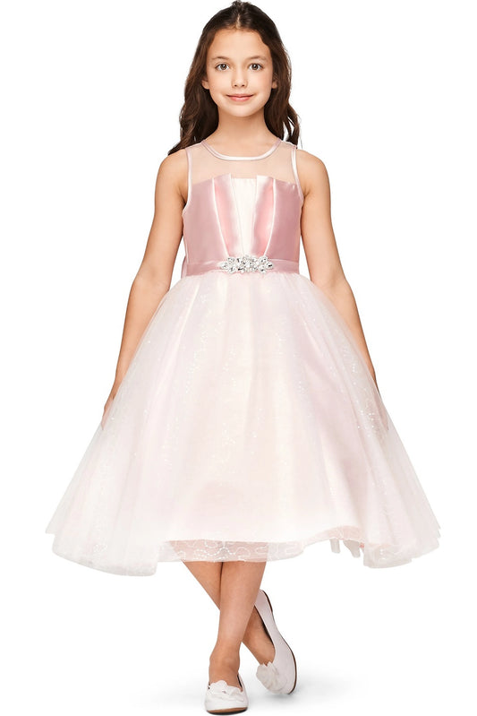 Designed details of satin bodice pleats distinguish the Pink kids party dress.