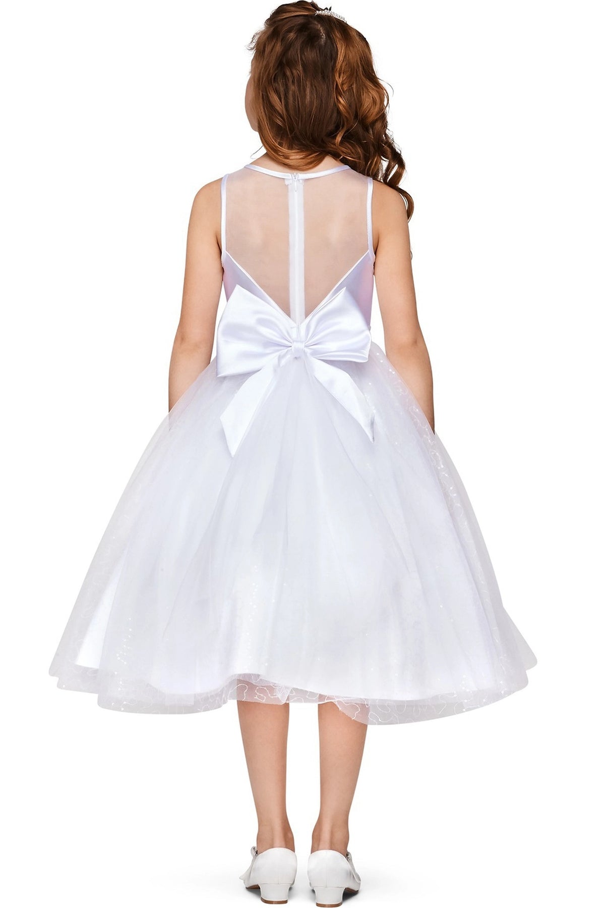 Showcasing with a sheer back panel and satin bow, this White kids party dress displays elegant detail.