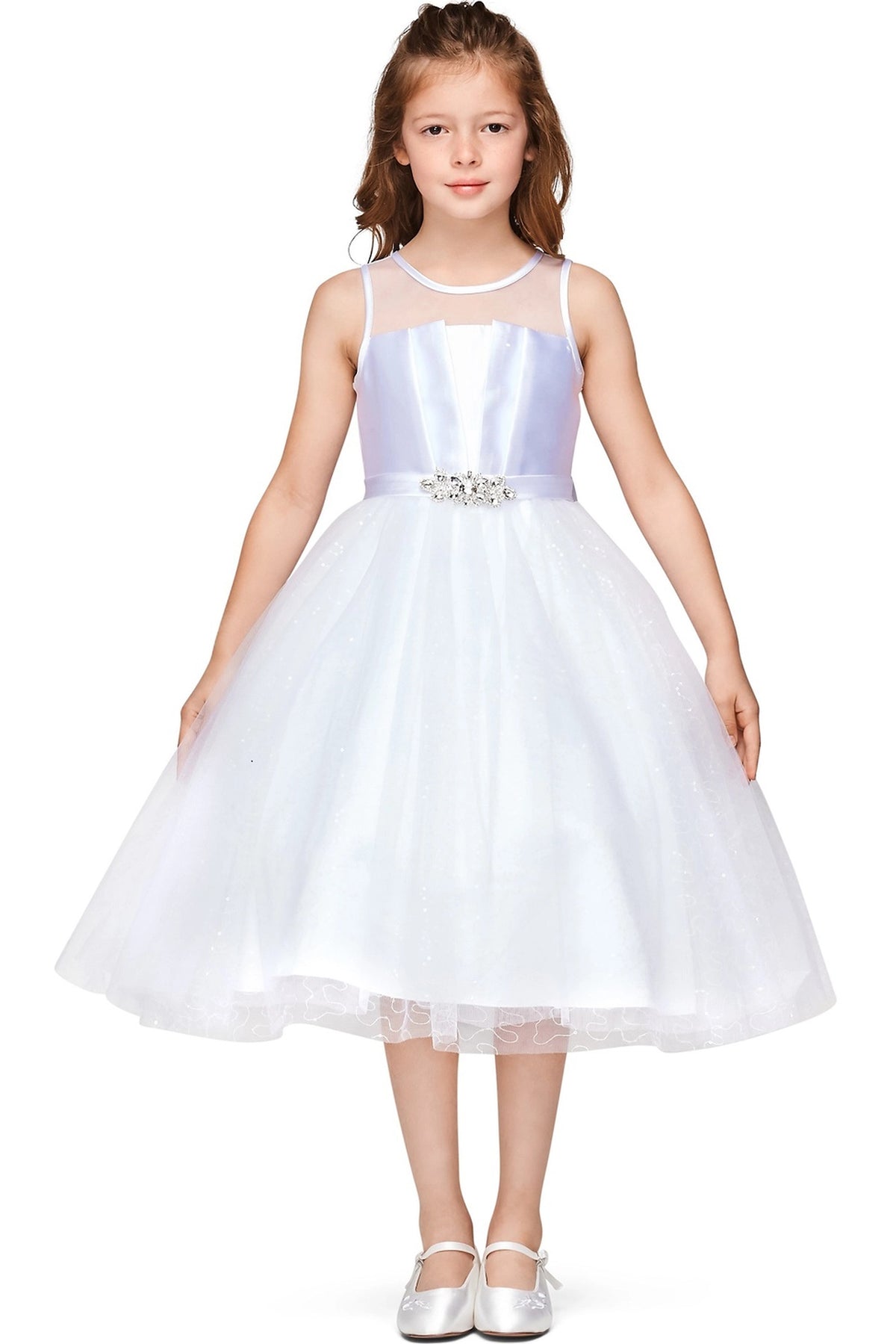 Finished details of a jeweled waistband distinguish the White kids party dress.