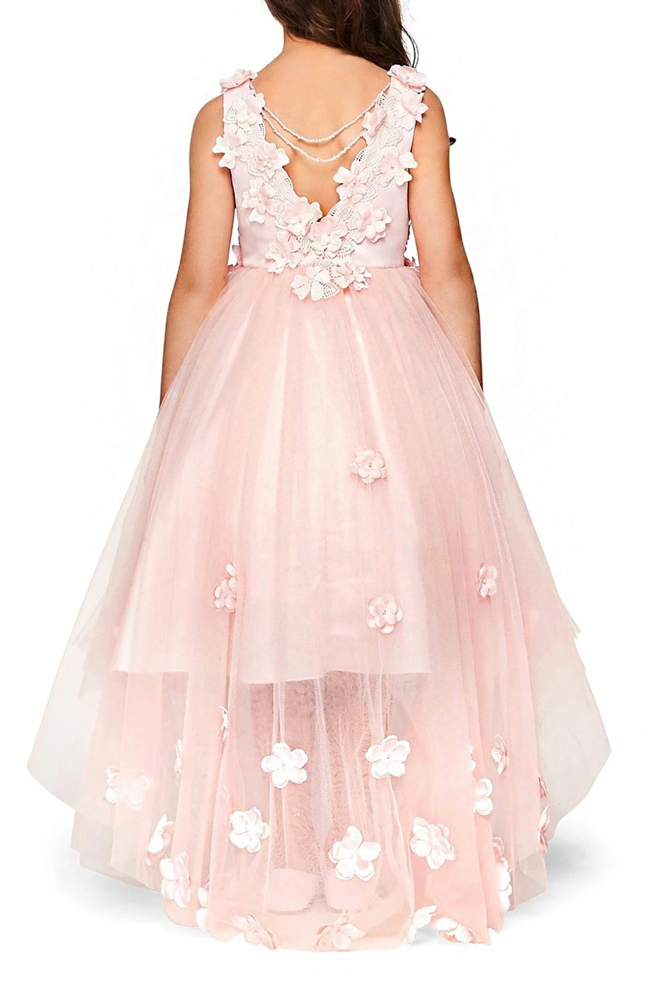 Front view of Blush High-Low Tulle flower girl dress with 3D Flower Lace Top Accentuated with Pearl Trim Dress.