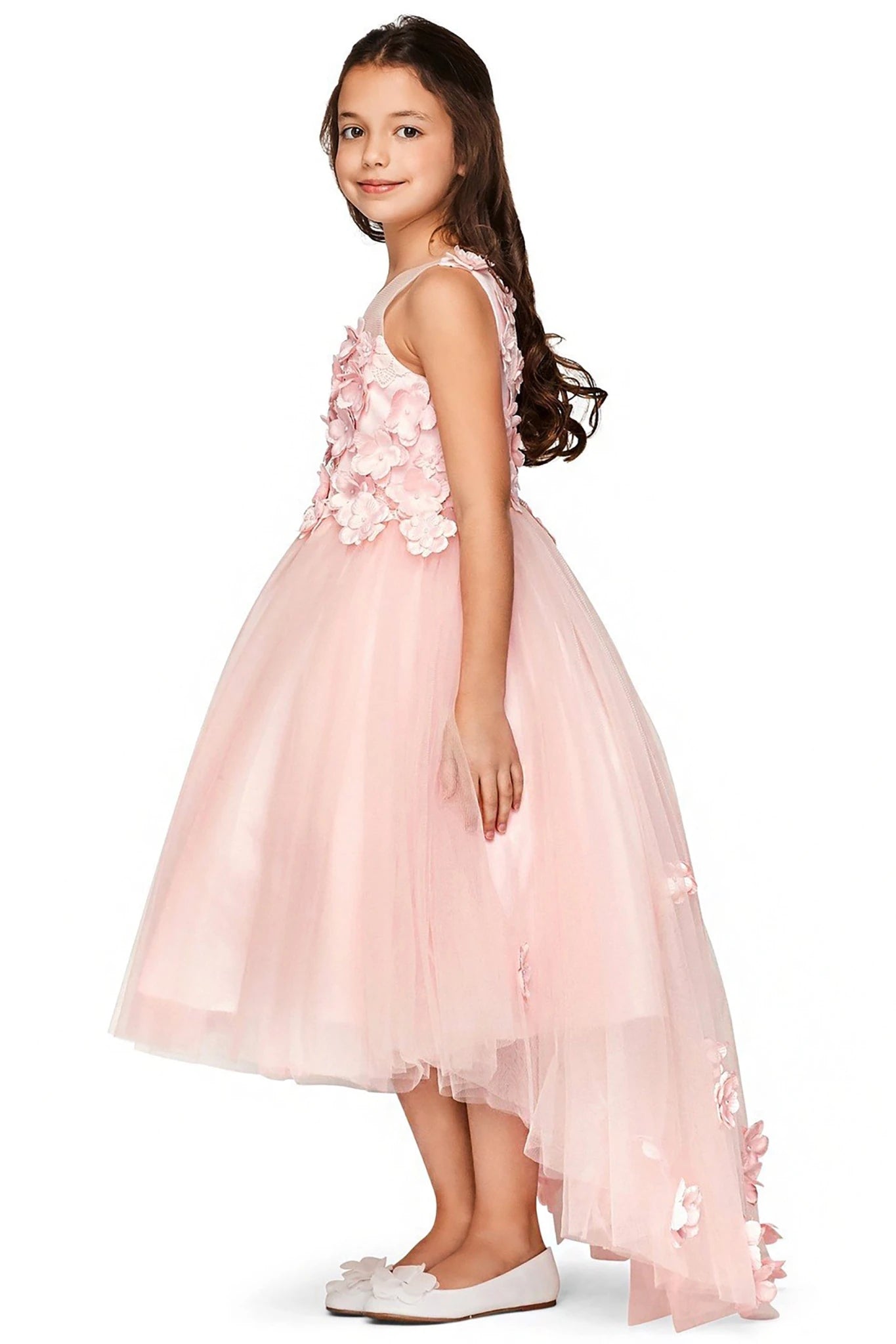 A pink floral flower girl dress.