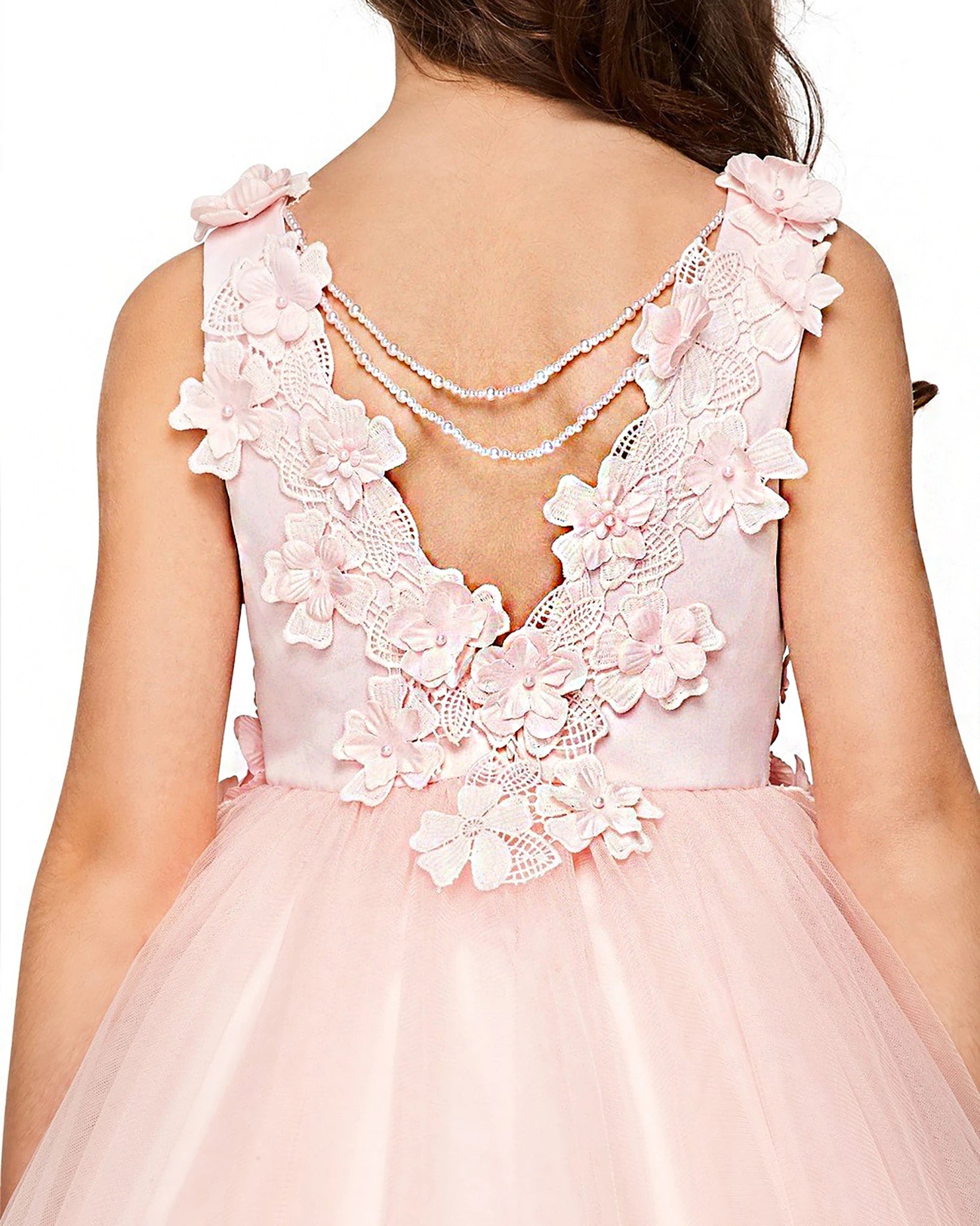 Pink floral flower girl dress with a detailed back design.
