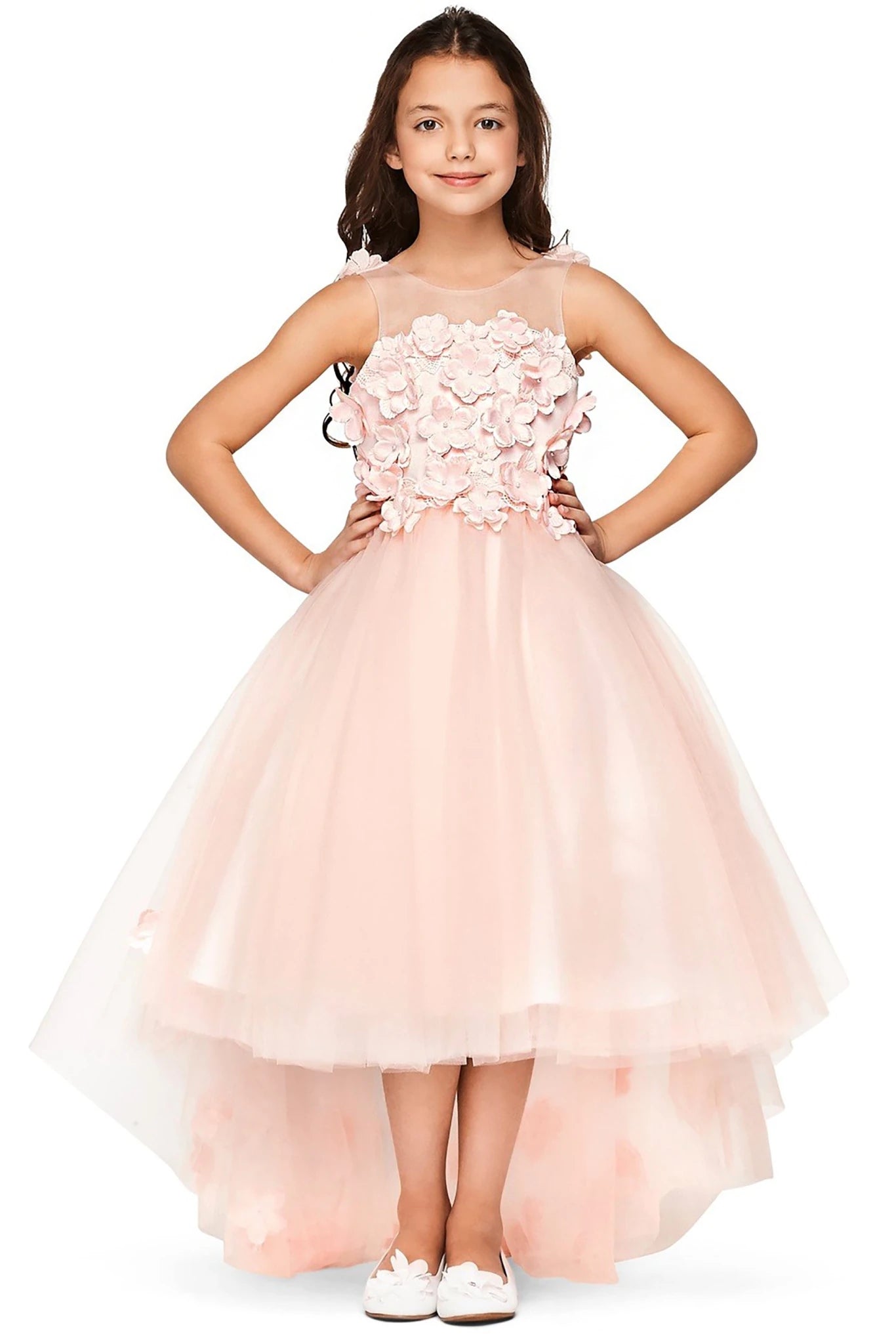 A pink floral flower girl dress.