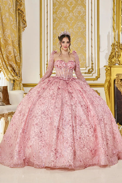 blush quinceanera dress with floral embroidered bodice, visible boning, and sheer long sleeves