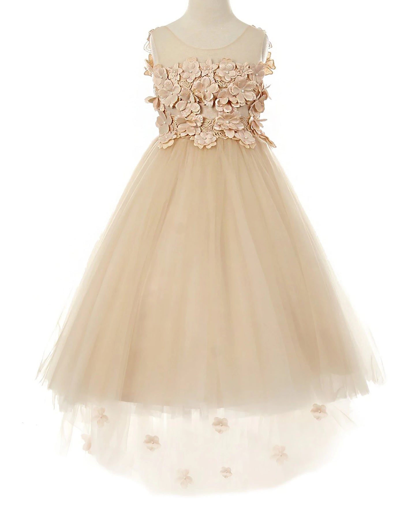 Champagne flower girl dress with floral top.