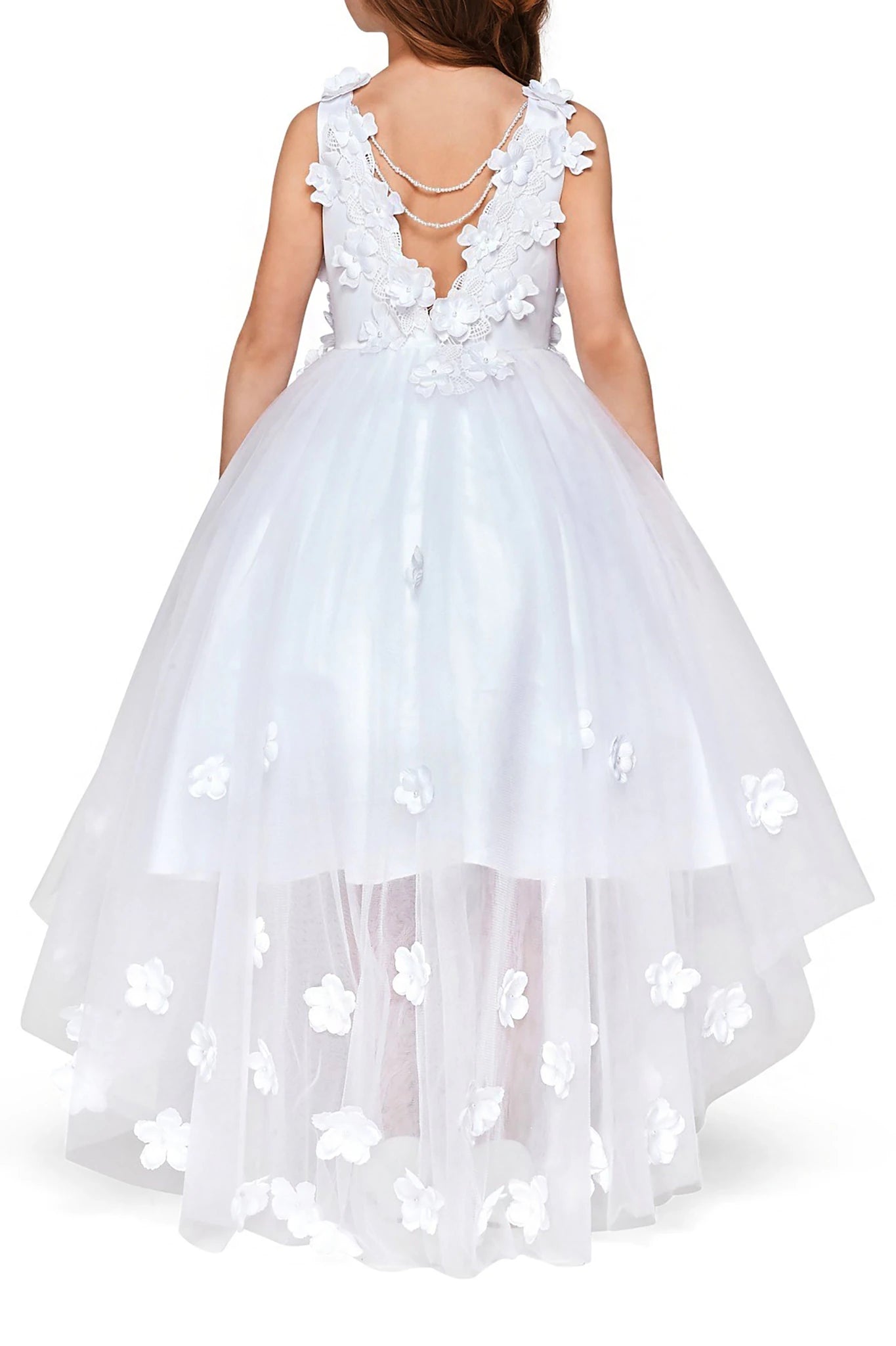 Back view of white high-low tulle flower girl dress with lace-up closure, 3D flower lace accents, pearl trim neckline, and cascading skirt.