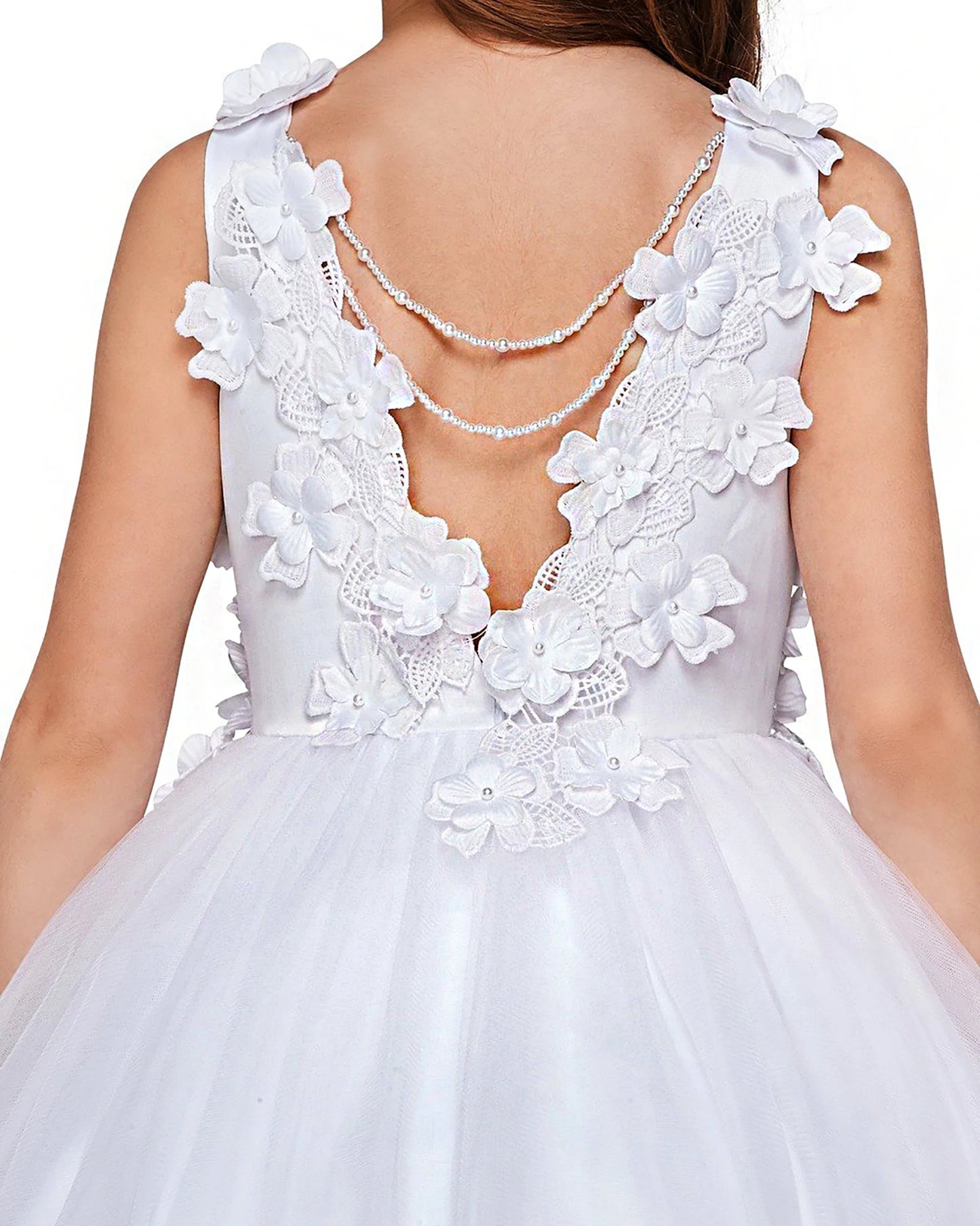 White floral flower girl dress with intricate details.