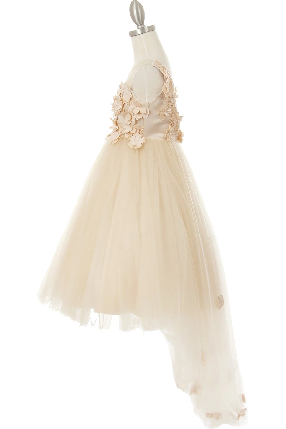 Showcasing with dimensional flower appliques on the bodice, this Champagne kids party dress displays elegant detail.