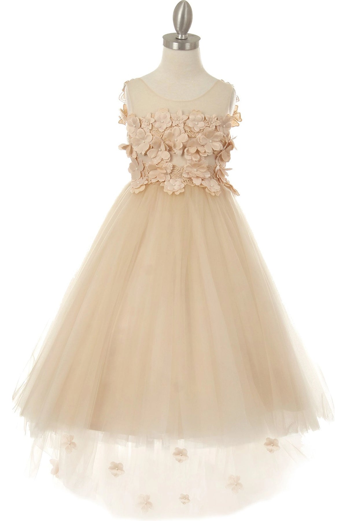 Featuring with dimensional flower appliques on the bodice, this Champagne kids party dress displays elegant detail.