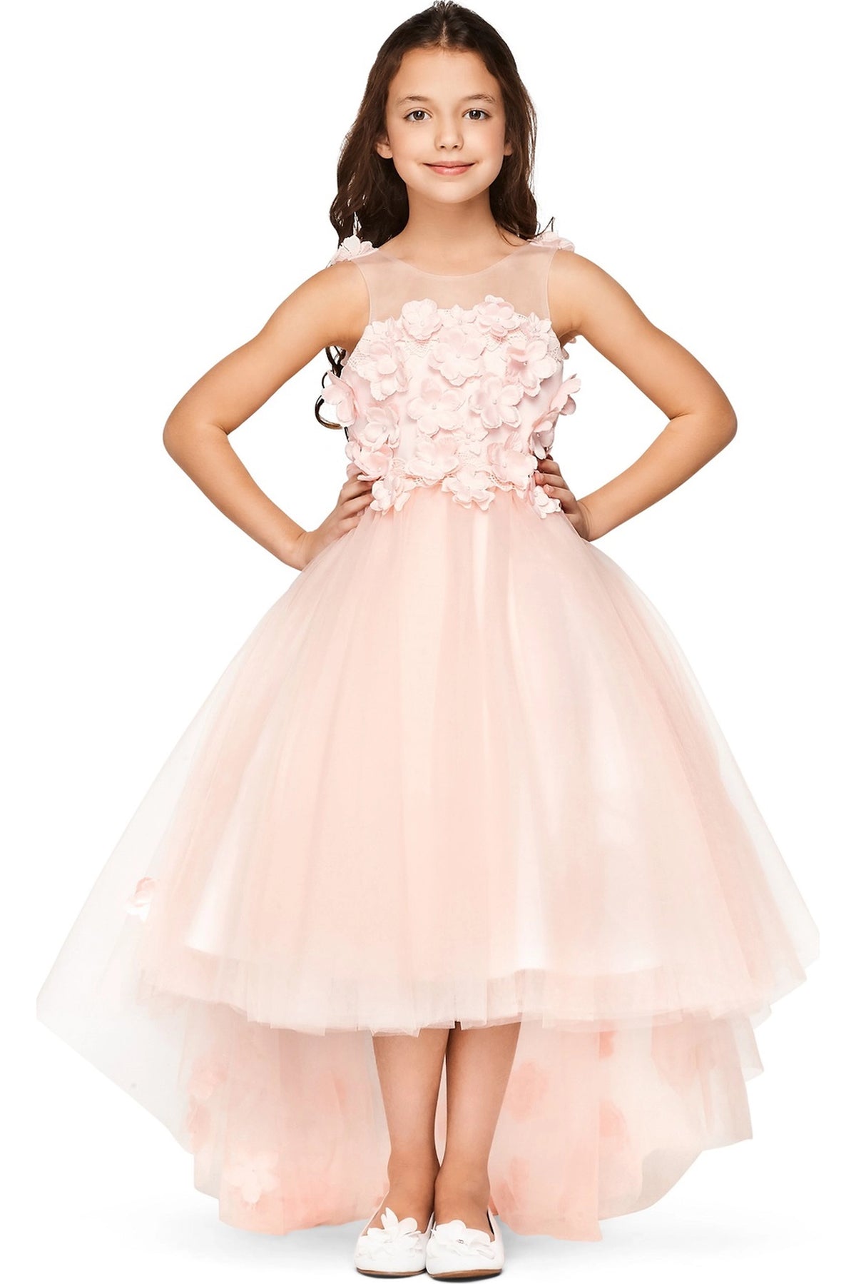 Showcasing with dimensional flower appliques on the bodice, this Pink kids party dress displays elegant detail.