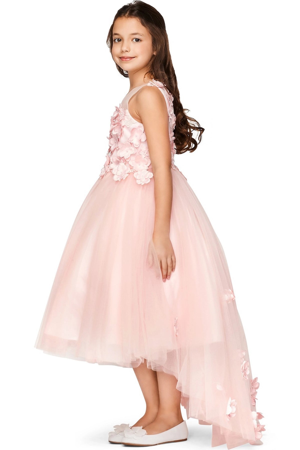Accented a high-low tulle skirt adds character to this Pink kids party dress.