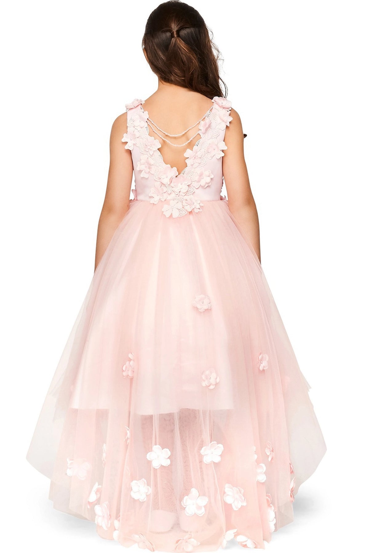 Finished details of a floral V-back with delicate draped chains distinguish the Pink kids party dress.