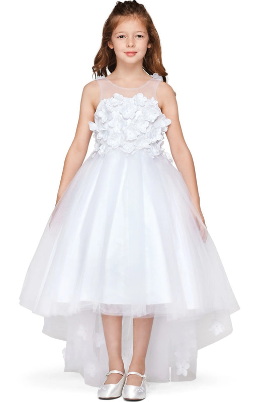 Showcasing with dimensional flower appliques on the bodice, this White kids party dress displays elegant detail.