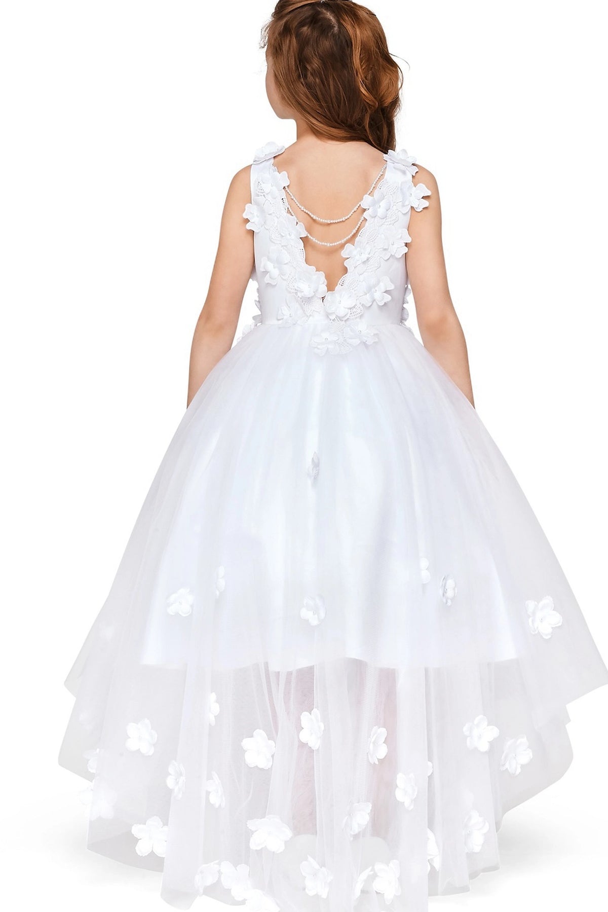 Finished details of a floral V-back with delicate draped chains distinguish the White kids party dress.