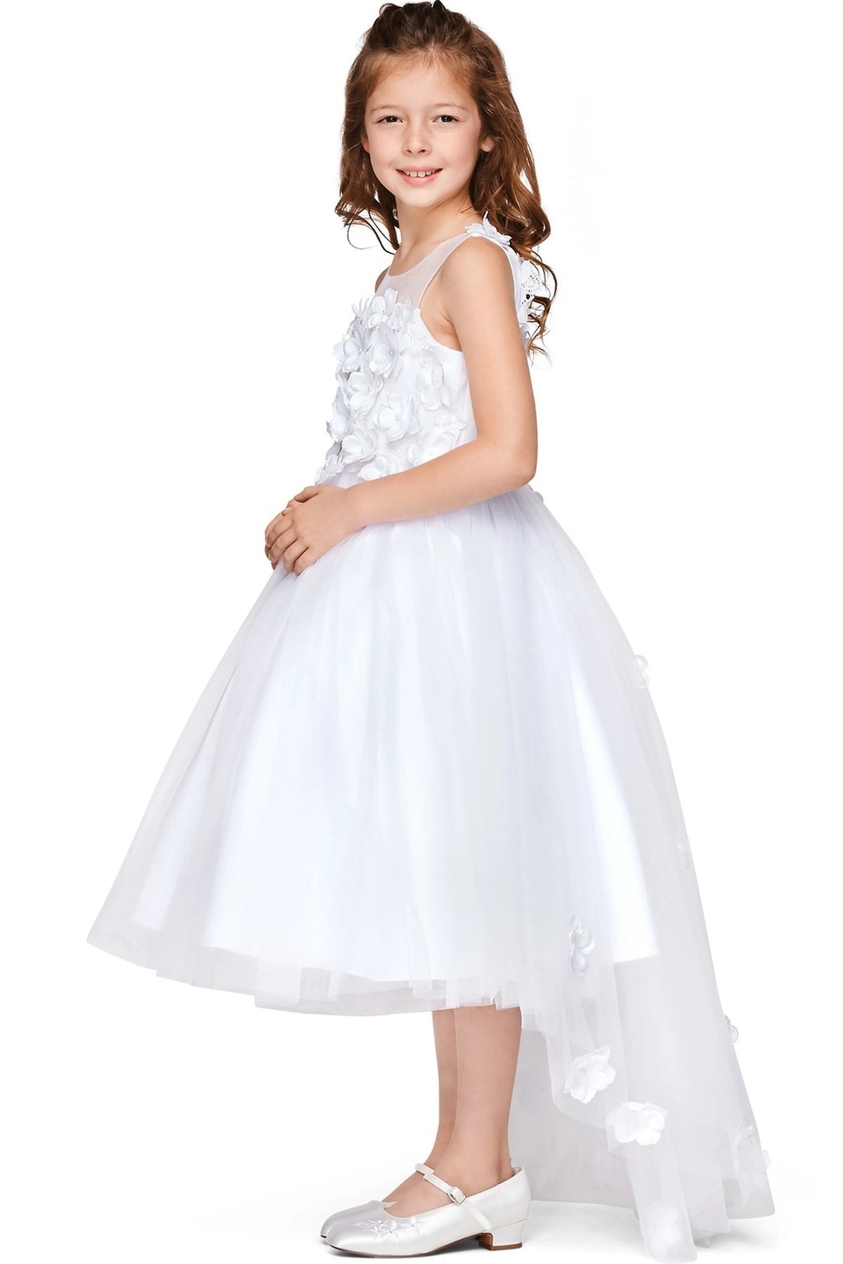 Accented dimensional flower appliques on the bodice adds character to this White kids party dress.