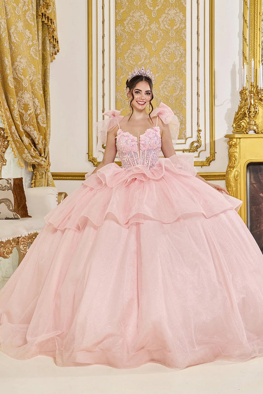 Front view of a Blush quinceañera gown with detachable puff sleeves, beaded corset bodice, and ruffled layered skirt
