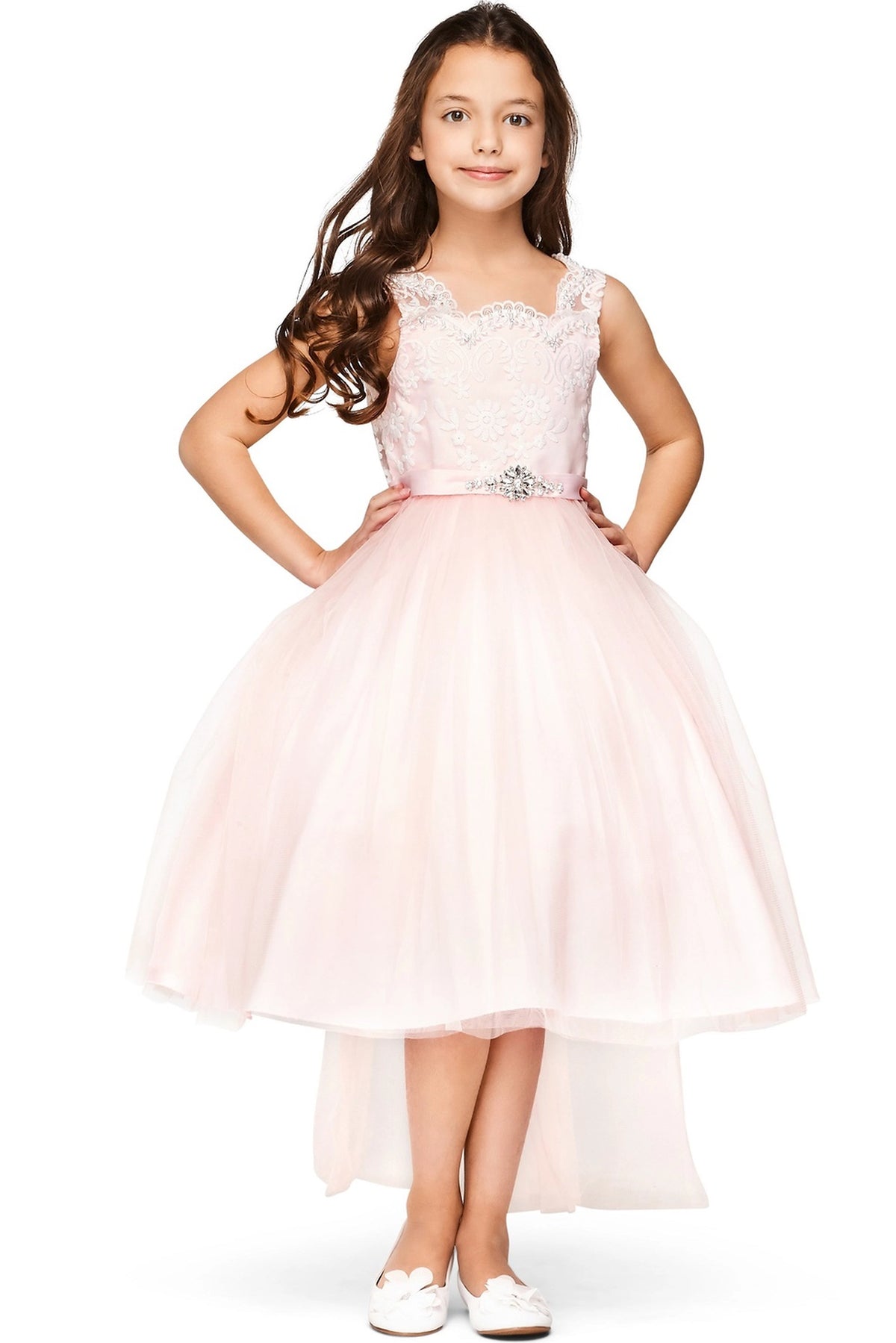 Showcasing with scalloped floral lace on the bodice, this Pink kids party dress displays elegant detail.