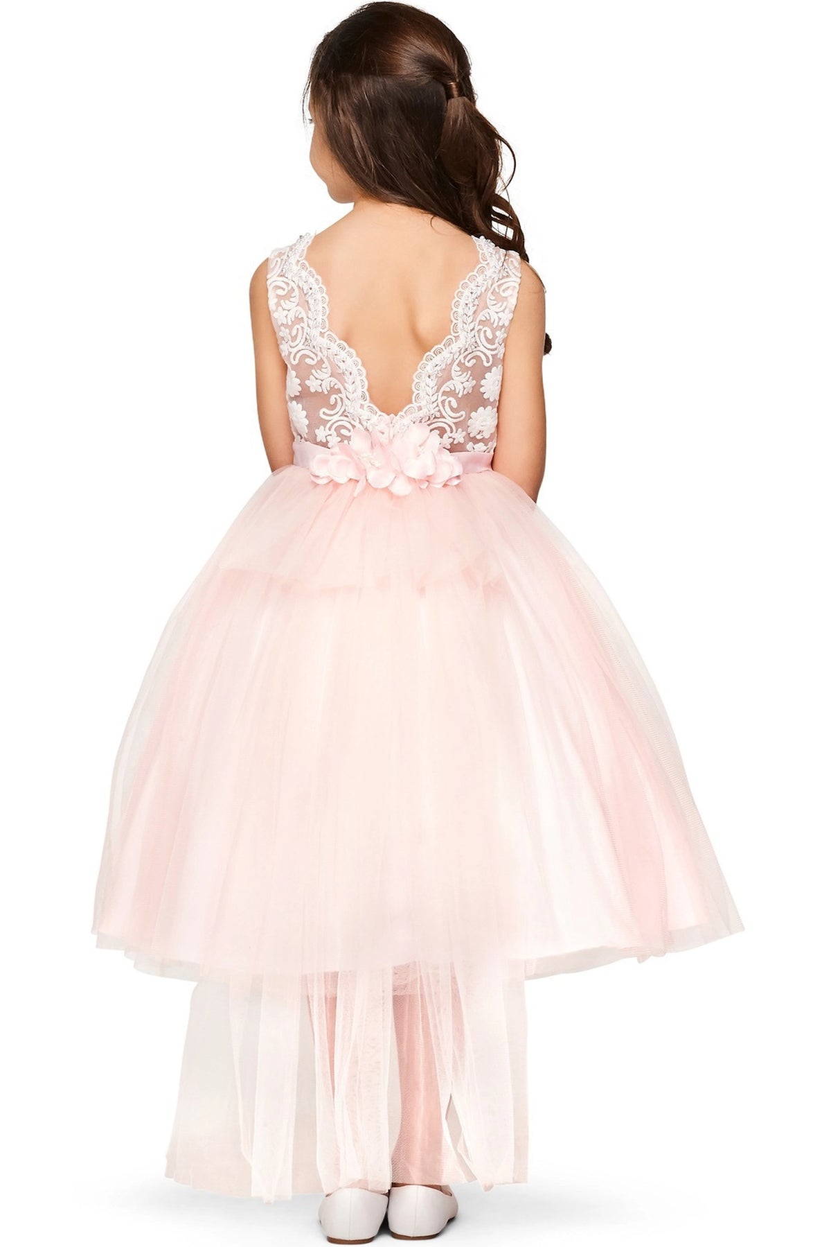 Finished details of a V-shaped lace back distinguish the Pink kids party dress.
