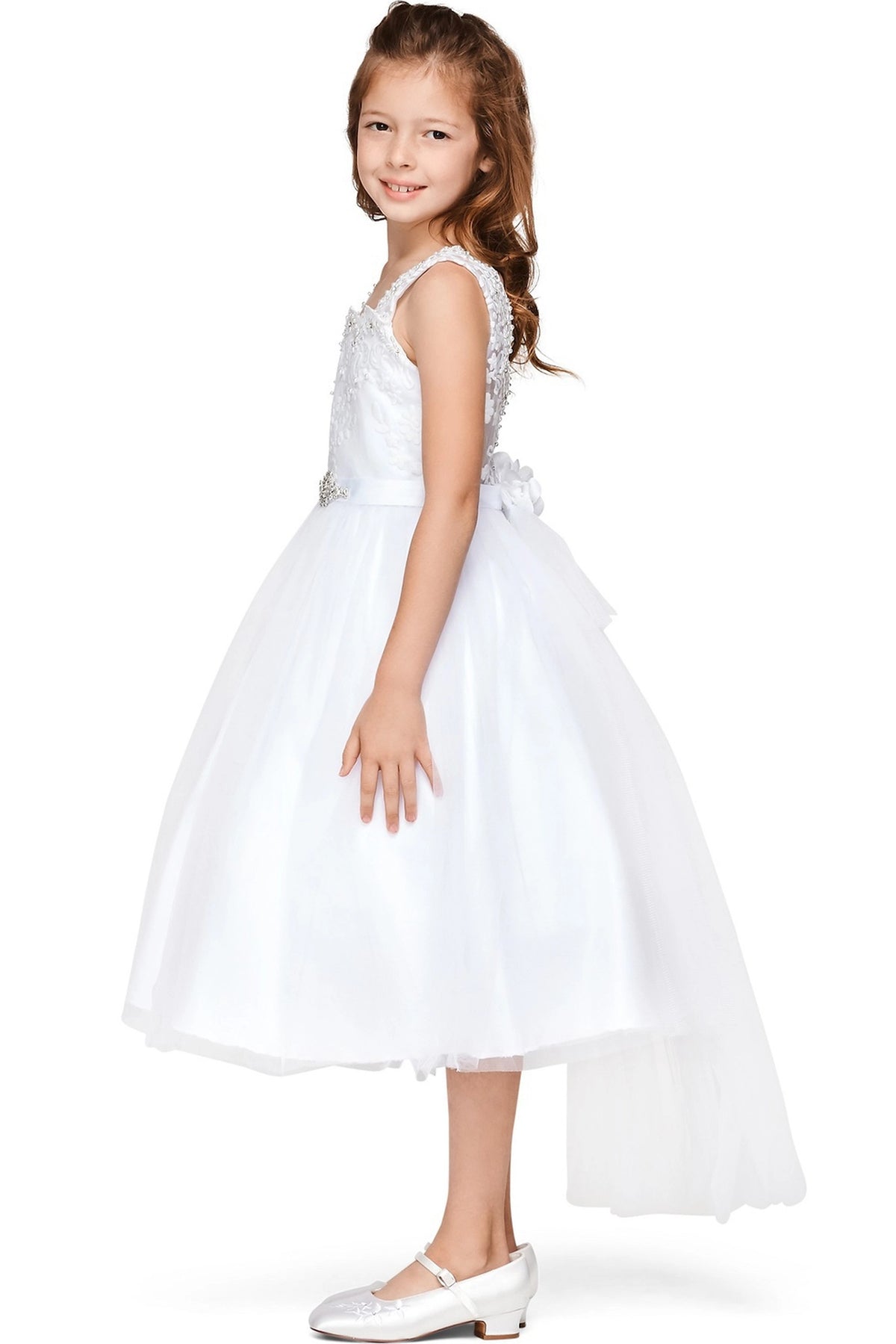 Accented scalloped floral lace on the bodice adds character to this White kids party dress.