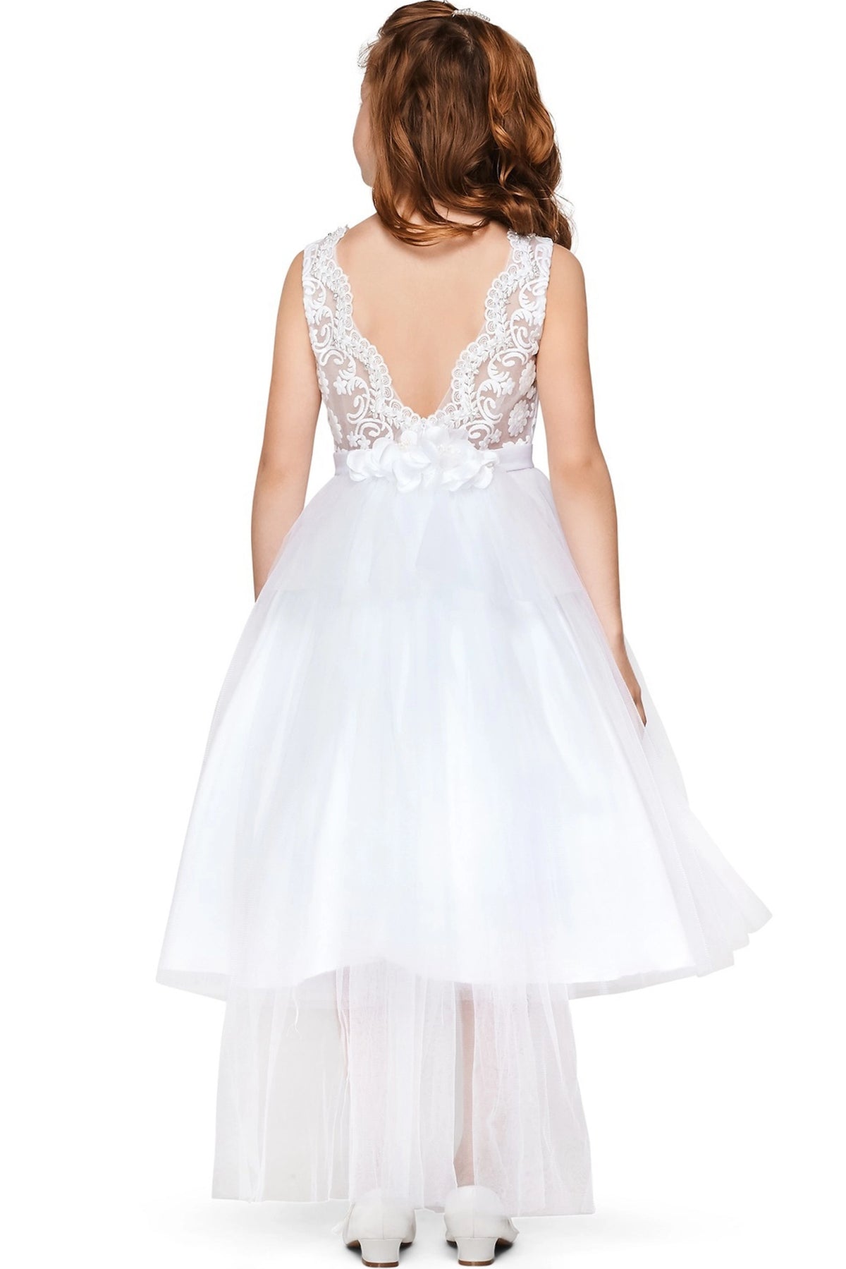 Finished details of a V-shaped lace back distinguish the White kids party dress.