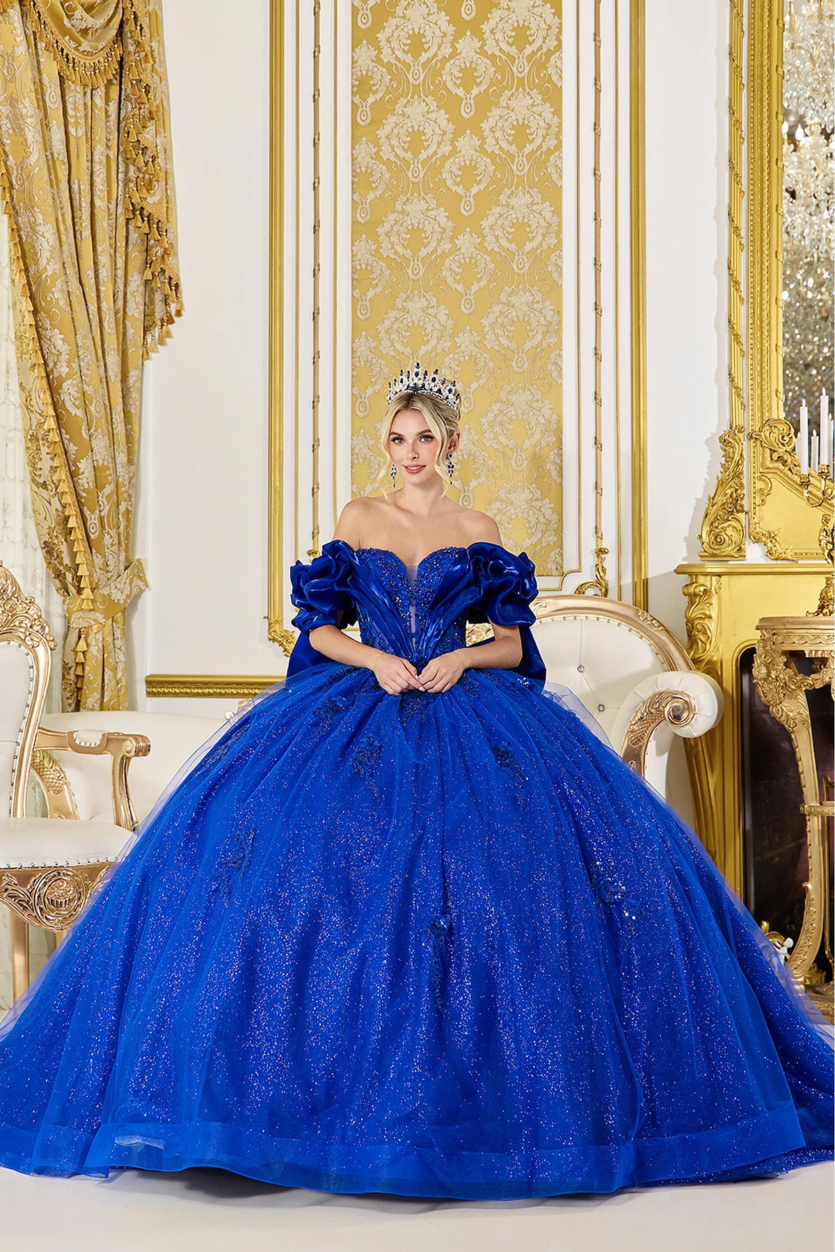 Featuring a floor-length skirt, this Royal Blue quinceañera ball gown is shown in full view.