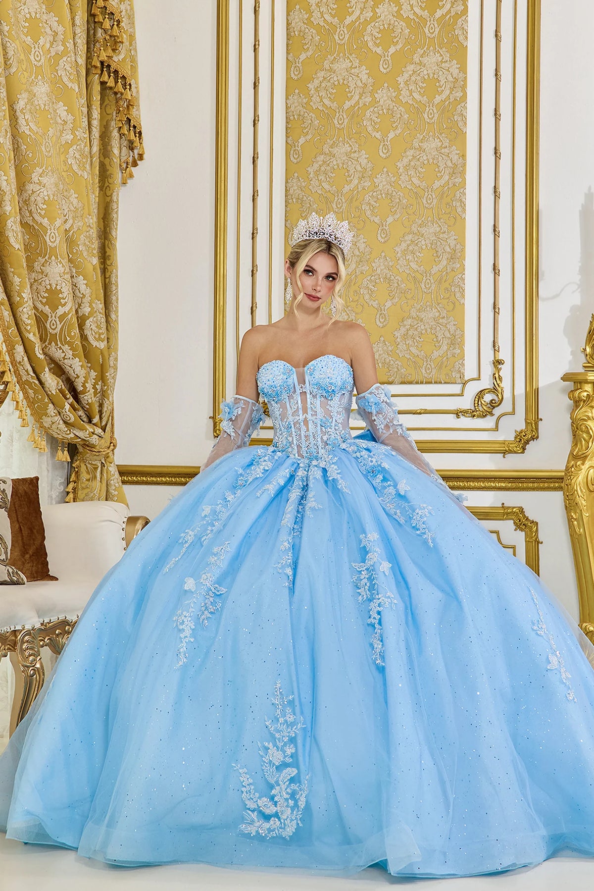 Front view of a Bahama Blue quinceañera gown with off-the-shoulder neckline, corset bodice, and floral appliqués