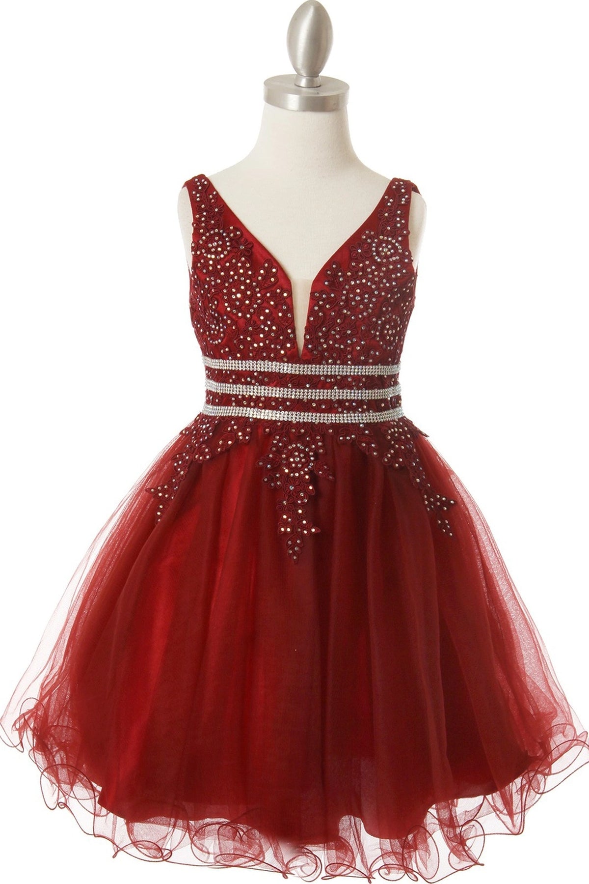 Showcasing with beadwork framing the V-neckline, this Burgundy kids party dress displays elegant detail.