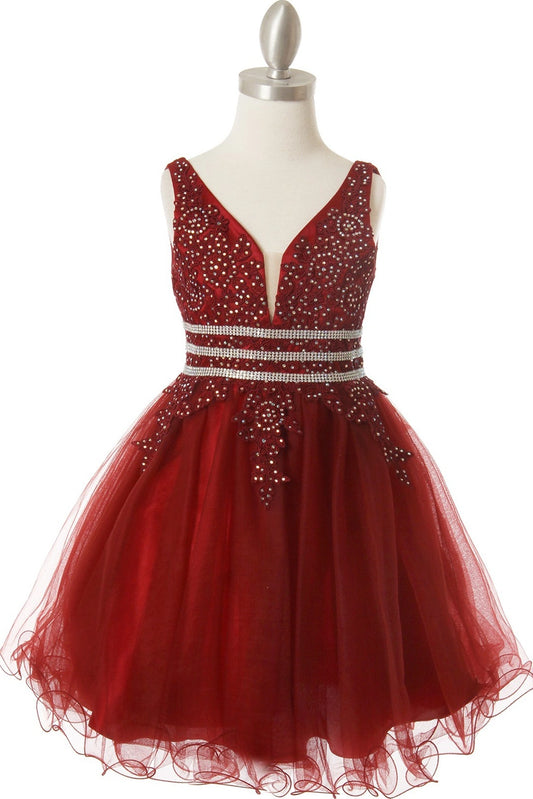 Showcasing with beadwork framing the V-neckline, this Burgundy kids party dress displays elegant detail.