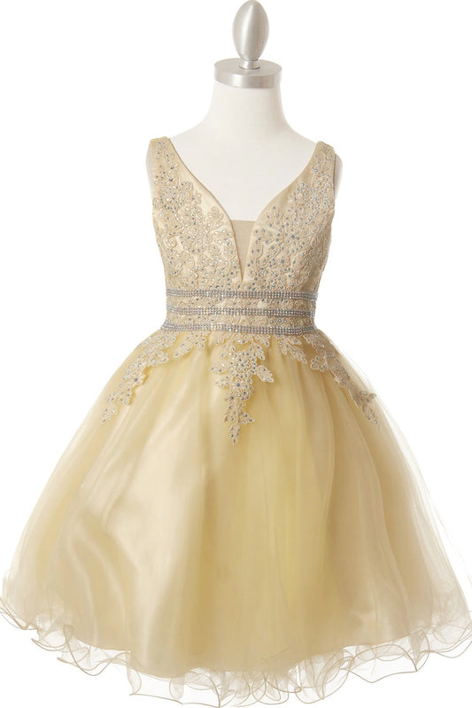 Showcasing with beadwork framing the V-neckline, this Champagne kids party dress displays elegant detail.