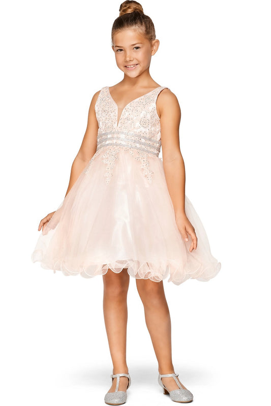 Showcasing with beadwork framing the V-neckline, this Dusty Pink kids party dress displays elegant detail.