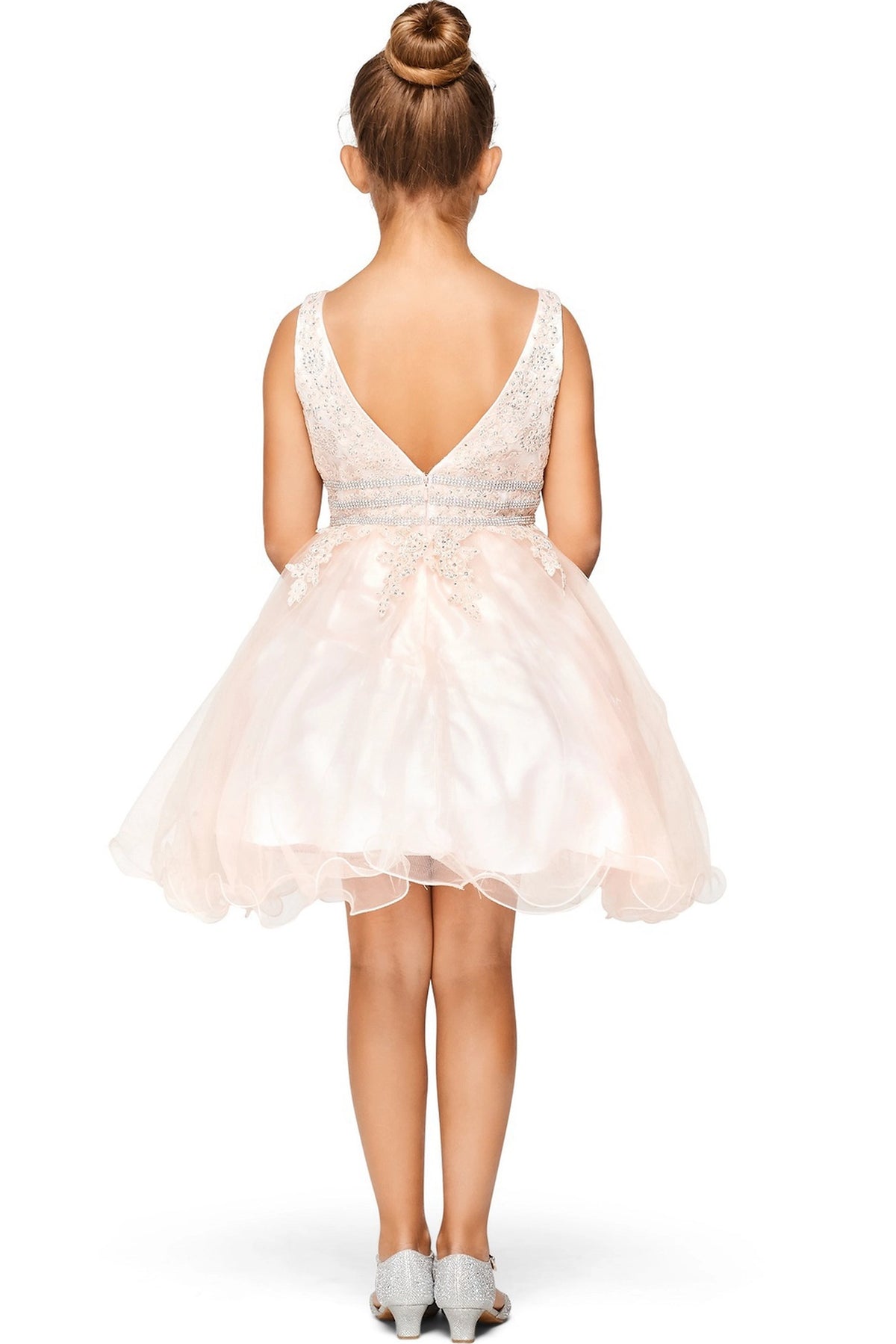 Finished details of a V-shaped back distinguish the Dusty Pink kids party dress.