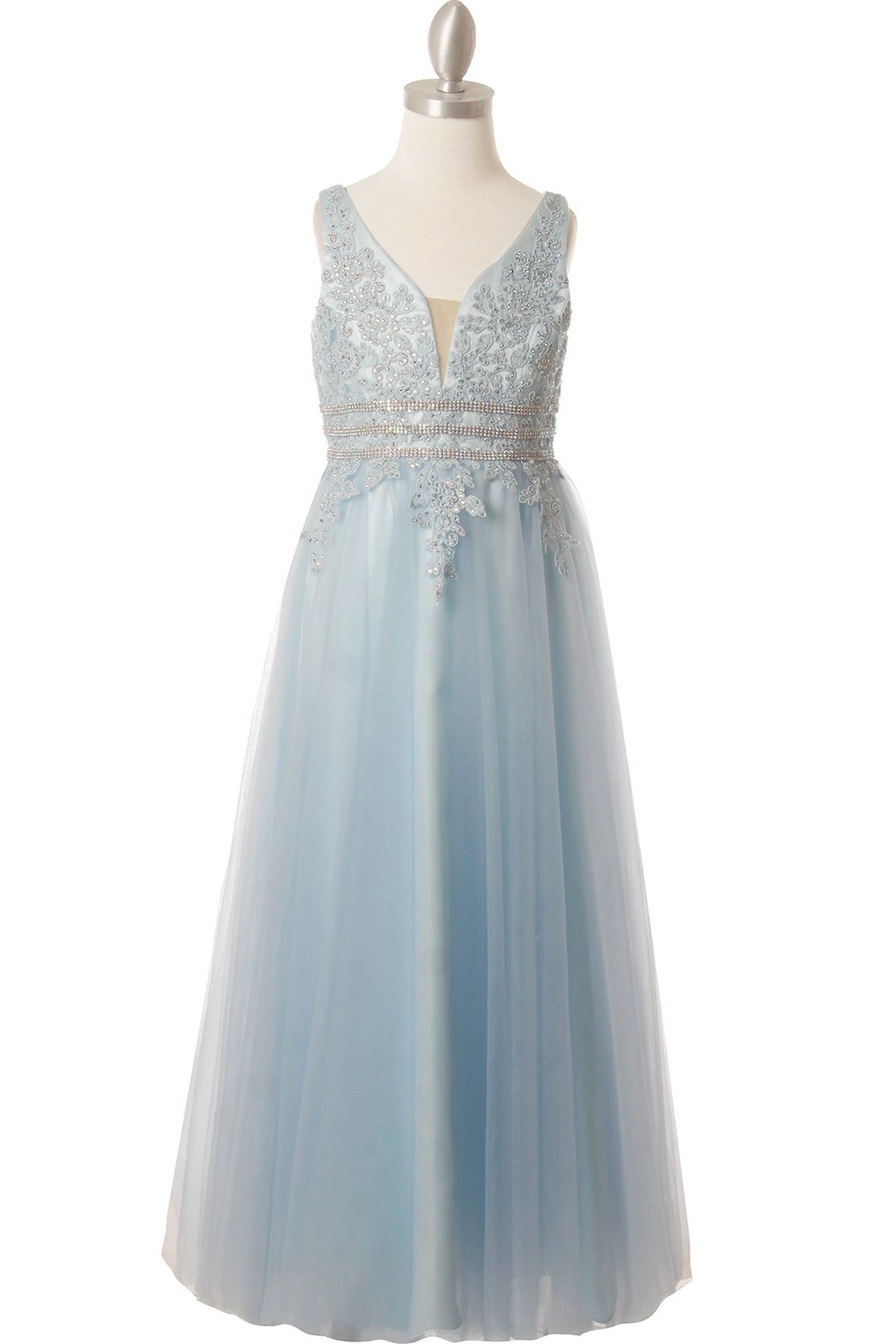 Showcasing with beaded lace on the V-neck bodice, this Blue kids party dress displays elegant detail.