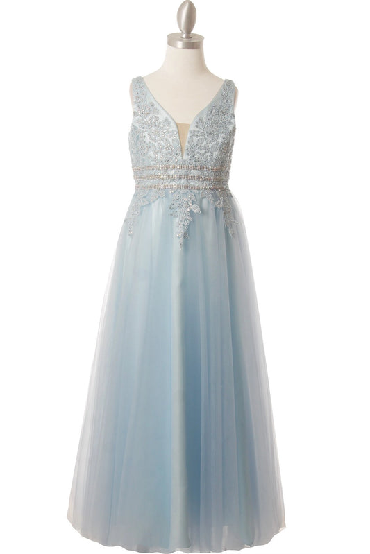 Showcasing with beaded lace on the V-neck bodice, this Blue kids party dress displays elegant detail.