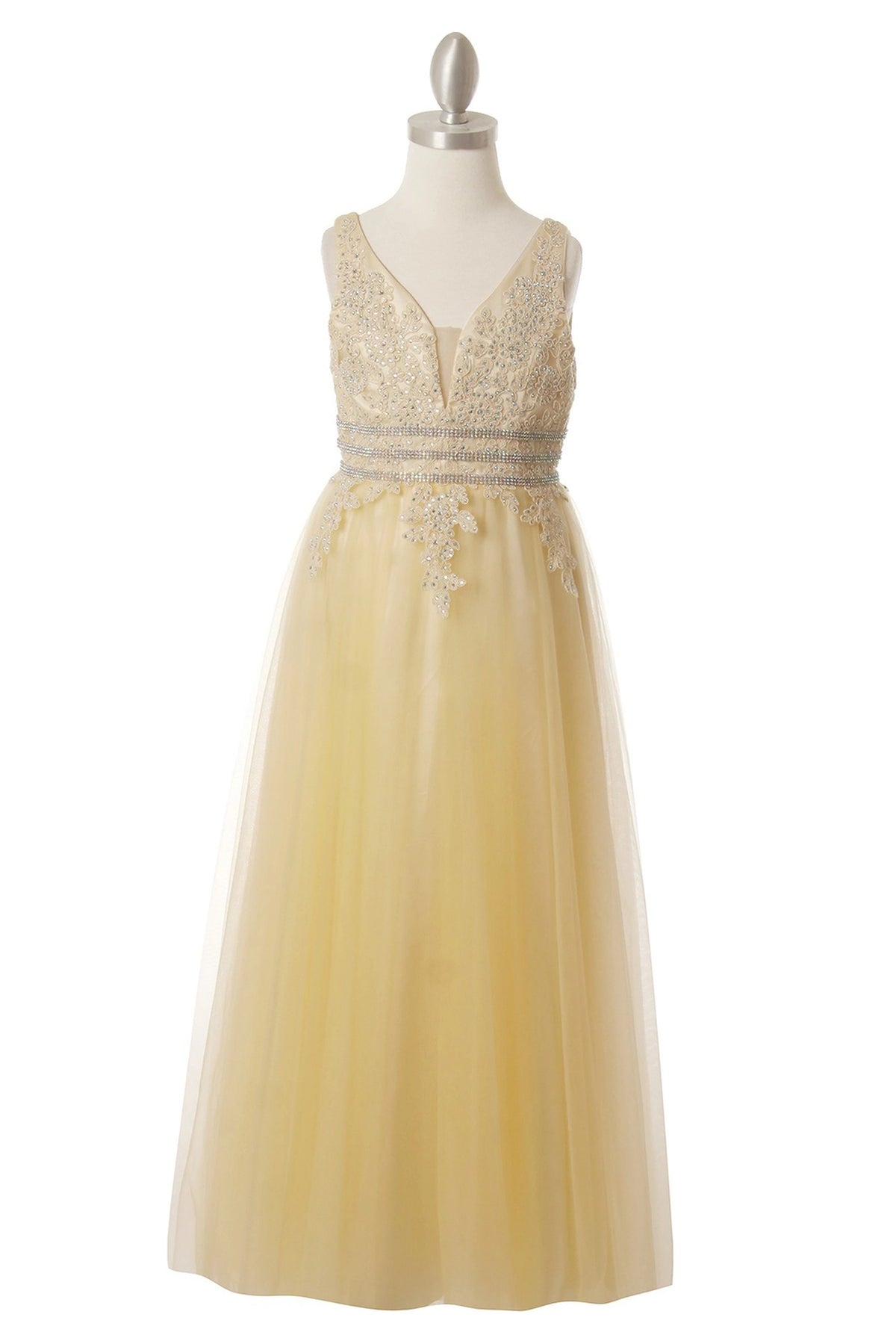 Showcasing with beaded lace on the V-neck bodice, this Champagne kids party dress displays elegant detail.