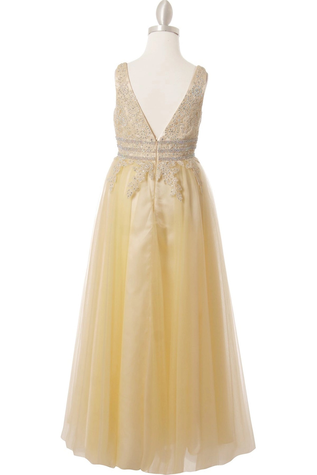 Finished details of a V-shaped back bodice distinguish the Champagne kids party dress.