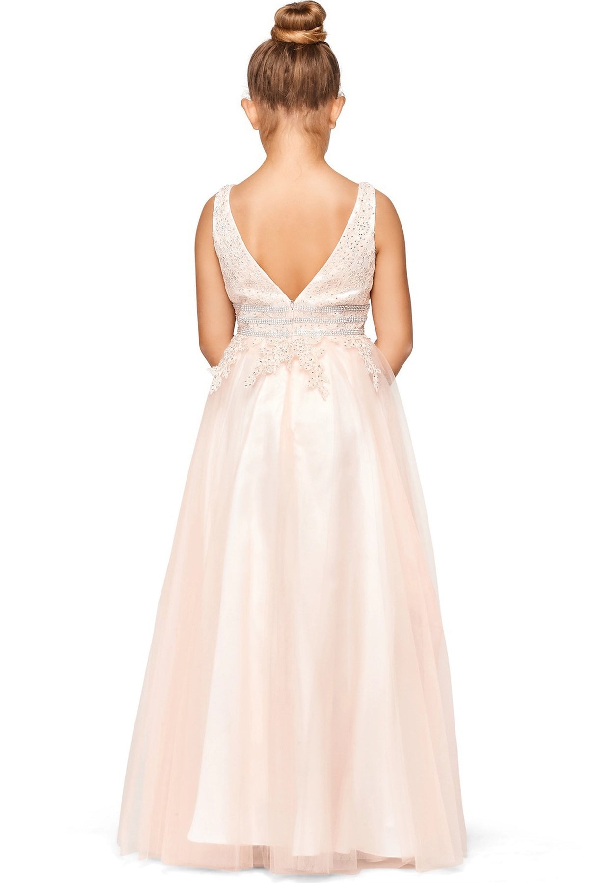 Showcasing with a V-shaped back bodice, this Dusty Pink kids party dress displays elegant detail.