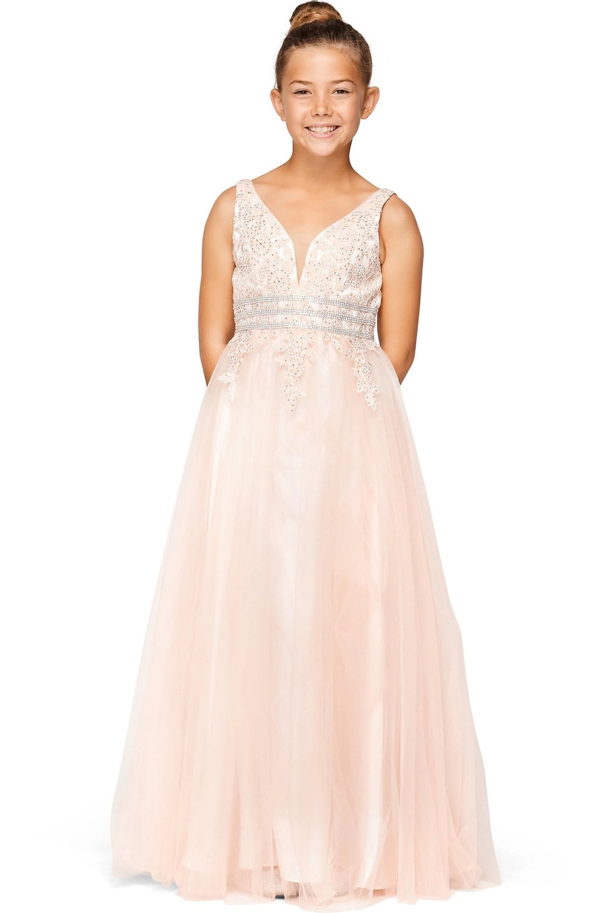 Finished details of a floor-length skirt distinguish the Dusty Pink kids party dress.