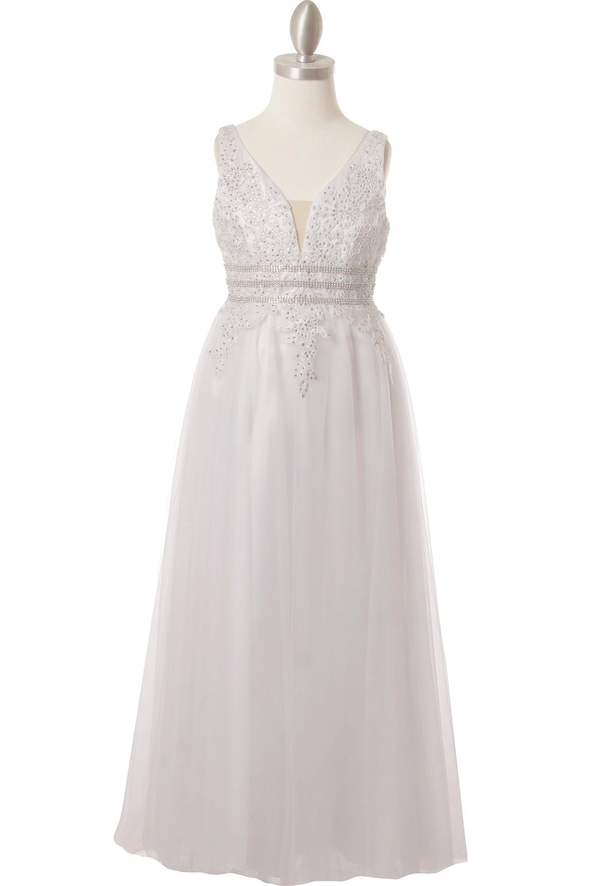 Showcasing with beaded lace on the V-neck bodice, this White kids party dress displays elegant detail.