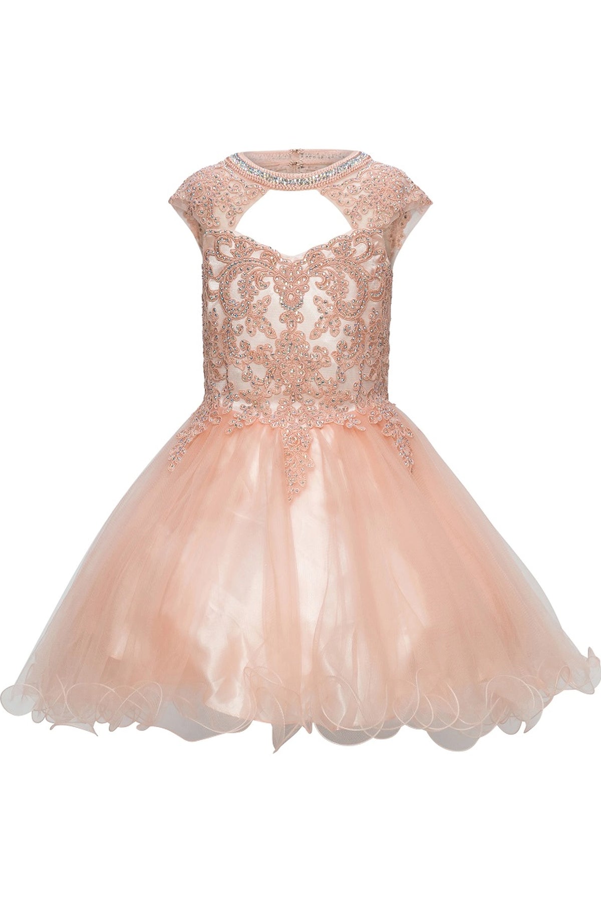 Showcasing with a lace-framed keyhole neckline, this Blush kids party dress displays elegant detail.
