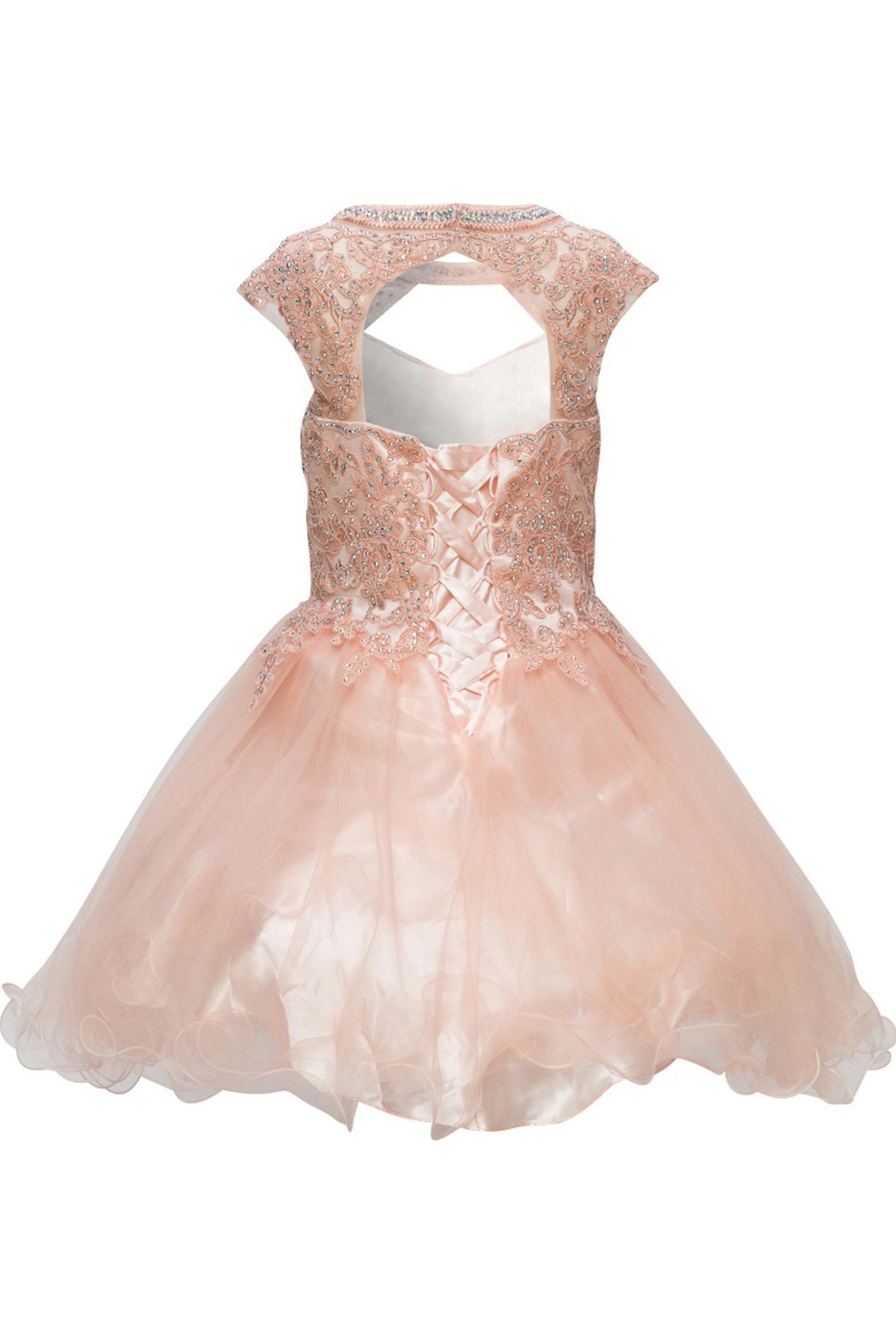 Finished details of a flared tulle skirt distinguish the Blush kids party dress.