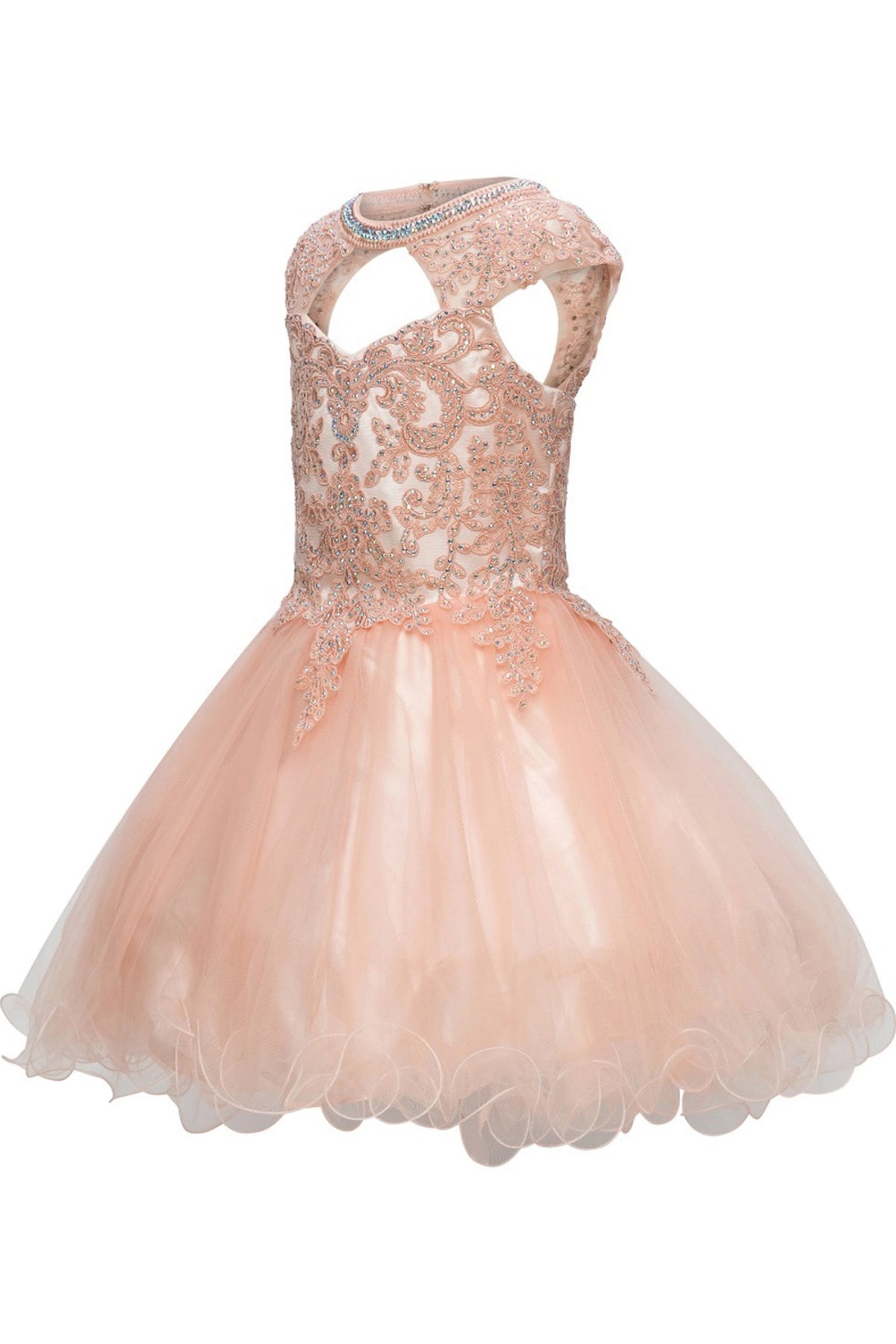 Detailed by a lace-framed keyhole neckline, the Blush kids party dress reveals its construction.