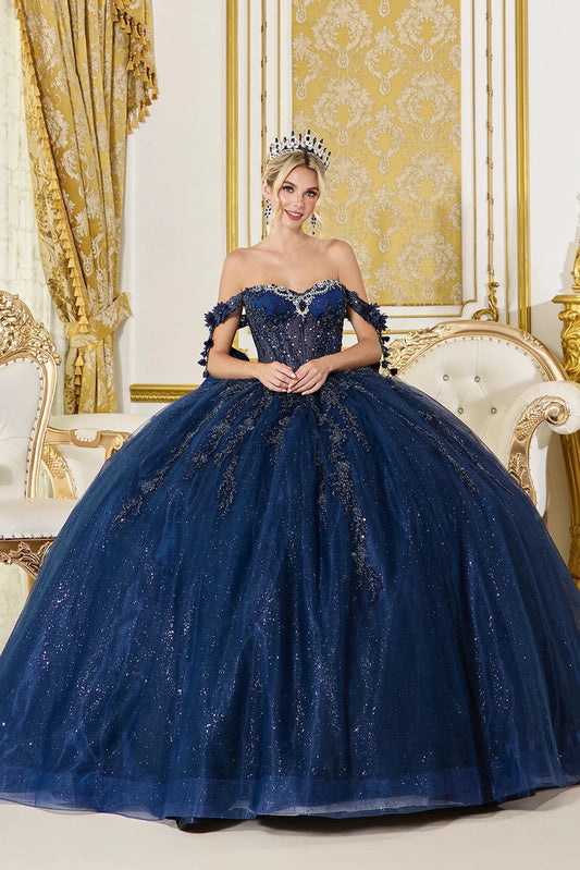 Front view of a Navy quinceañera gown with off-the-shoulder neckline, corset bodice, and 3D floral appliqués