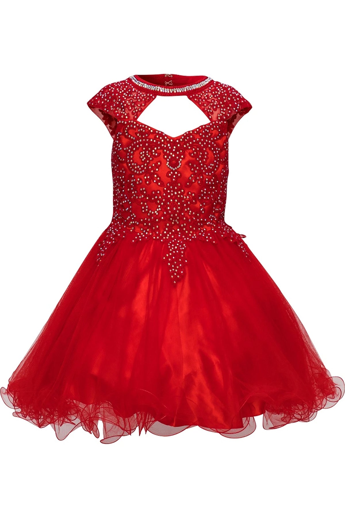 Showcasing with a lace-framed keyhole neckline, this Red kids party dress displays elegant detail.