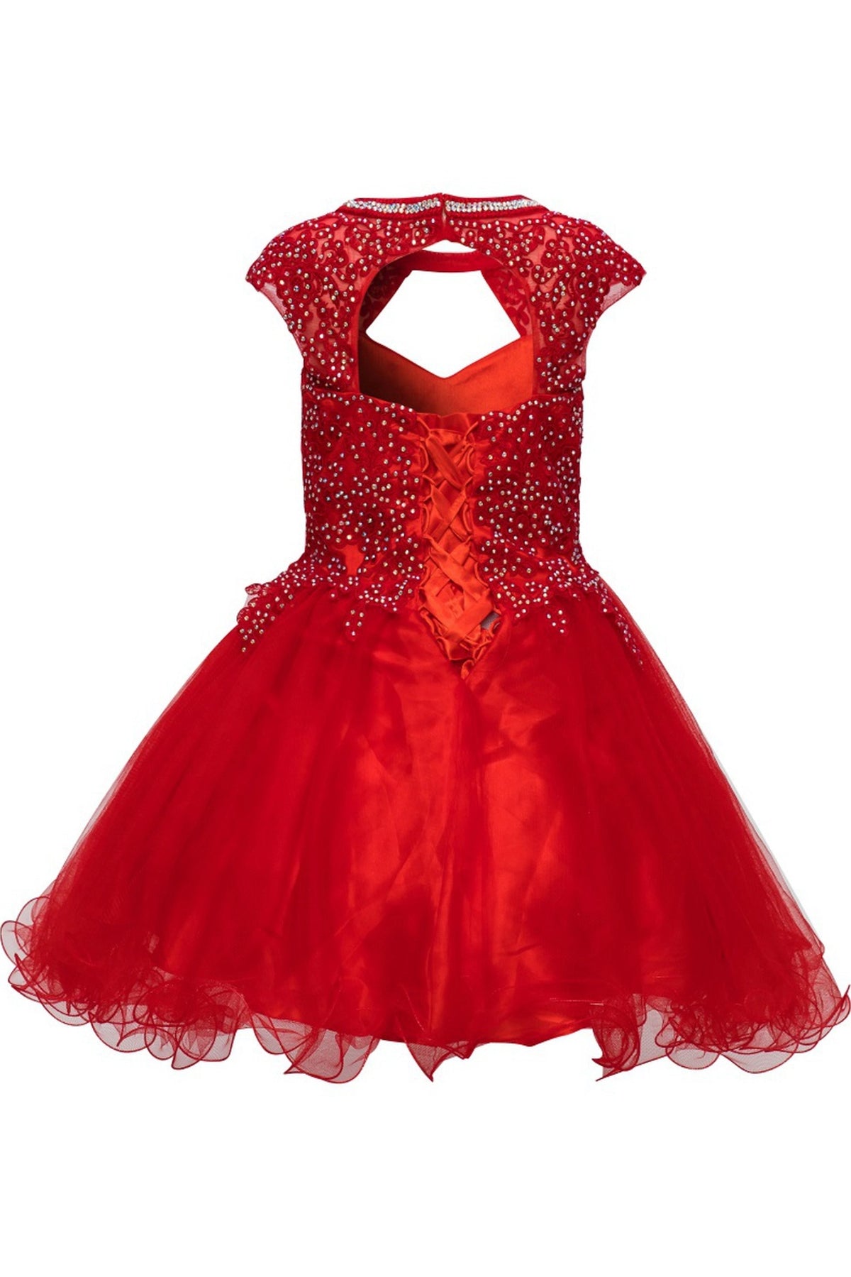 Finished details of a flared tulle skirt distinguish the Red kids party dress.