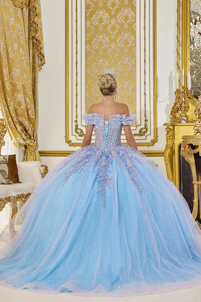 Bahama blue quinceanera ball gown back view showing lace up corset back, layered glitter tulle skirt, and softly flowing train with embroidered applique details