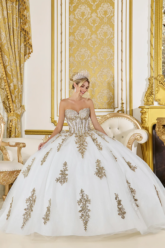 White quinceanera gown with gold embroidery and big back bow